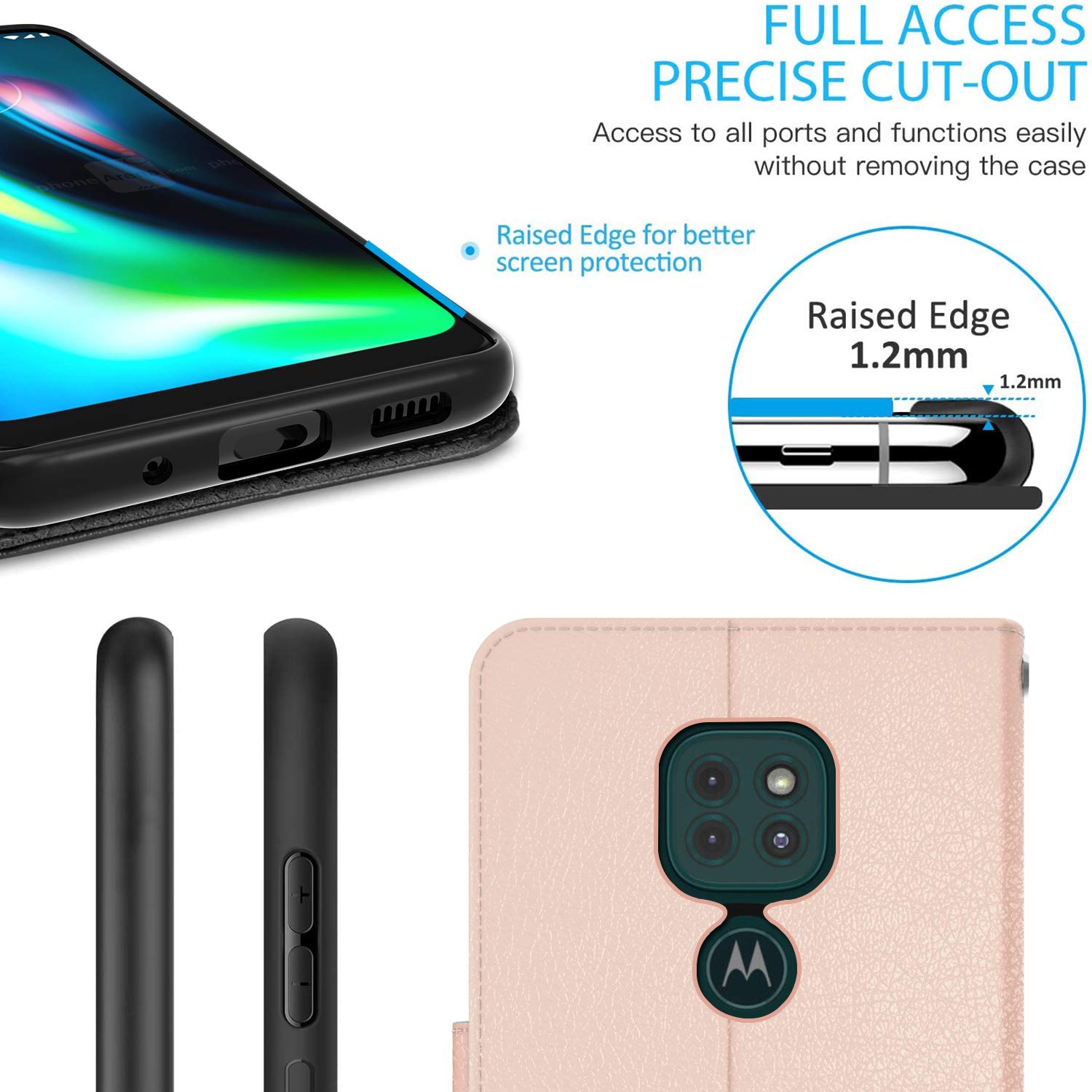 Premium RFID Blocking PU Leather Flip Folio Stand Case for Motorola Moto G9 Play/G9 - Rose Gold | Wallet Phone Cover with Card Slots | Perfect for Travel, Business & Daily Protection