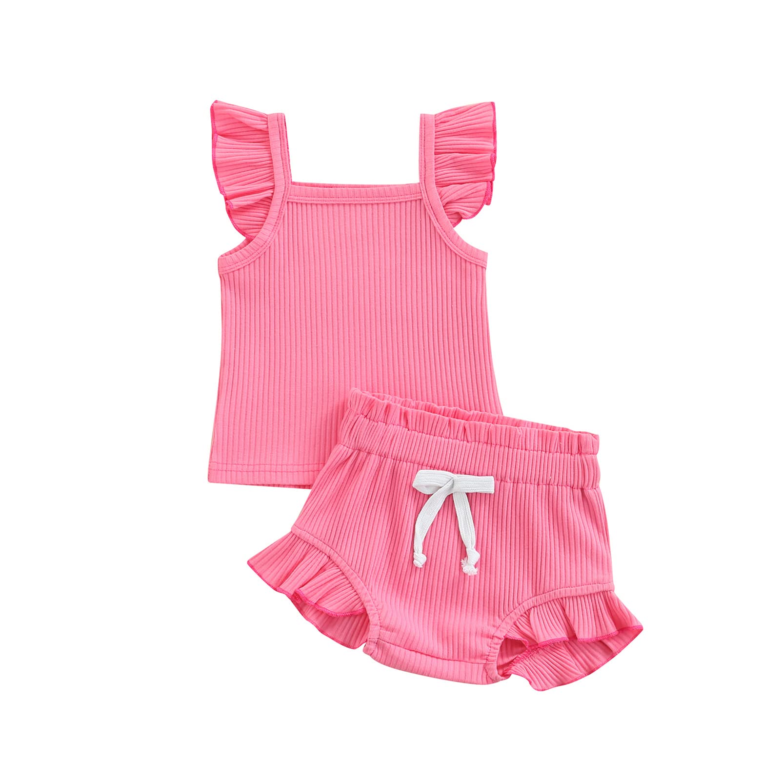 2PCS Baby Girl Outfit Set - Ribbed Ruffles Sleeve Tank Top + Shorts Pants - Summer Newborn Clothes for 0-24 Months - Perfect for Playtime, Beach & Family Photos