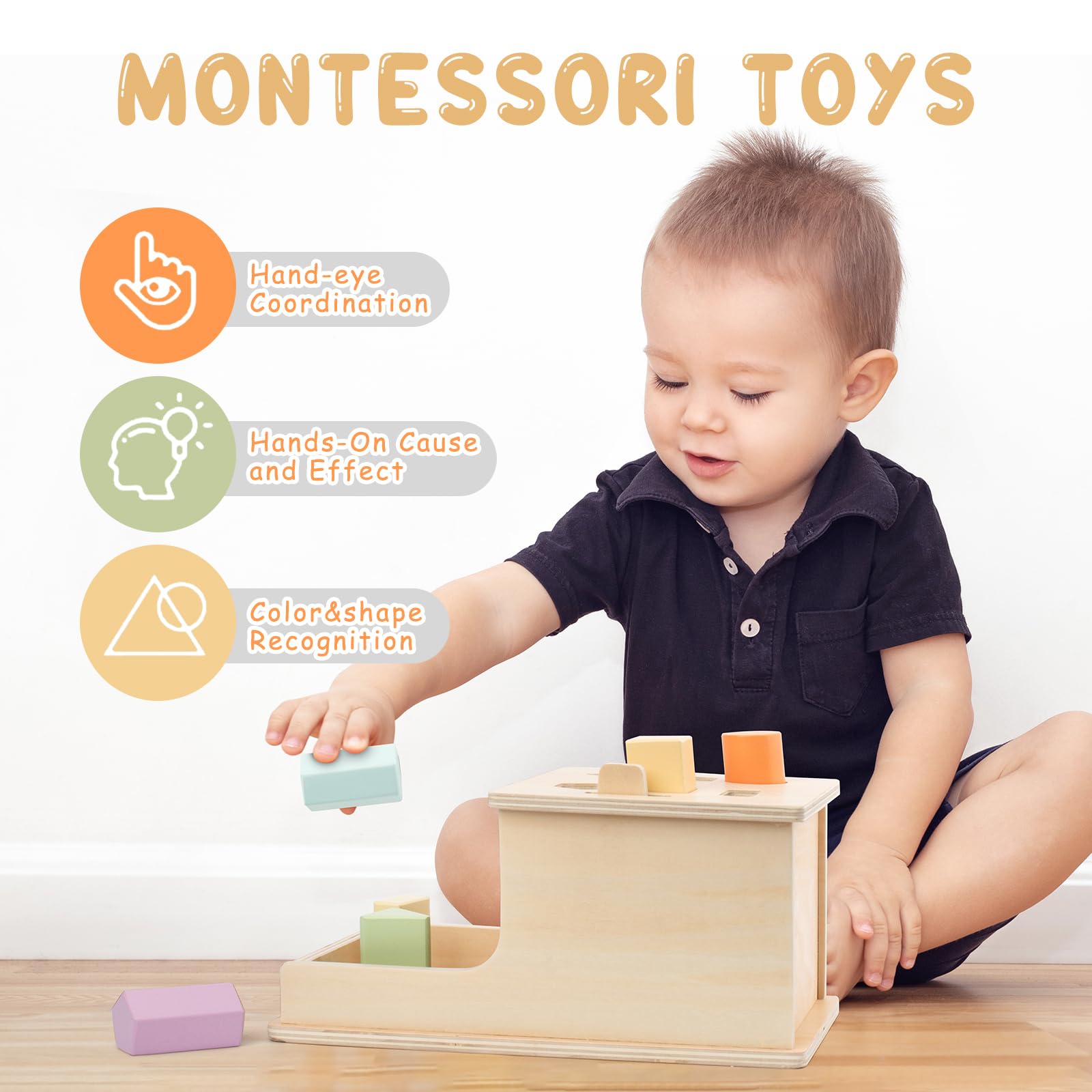 Montessori Object Permanence Box with 6 Wooden Blocks - Educational Baby Toys for 6-12 Months & 1-3 Year Olds - Ball Drop Toy for Toddler Learning & Fine Motor Skills Development - Perfect for Home Preschool & Daycare Activities