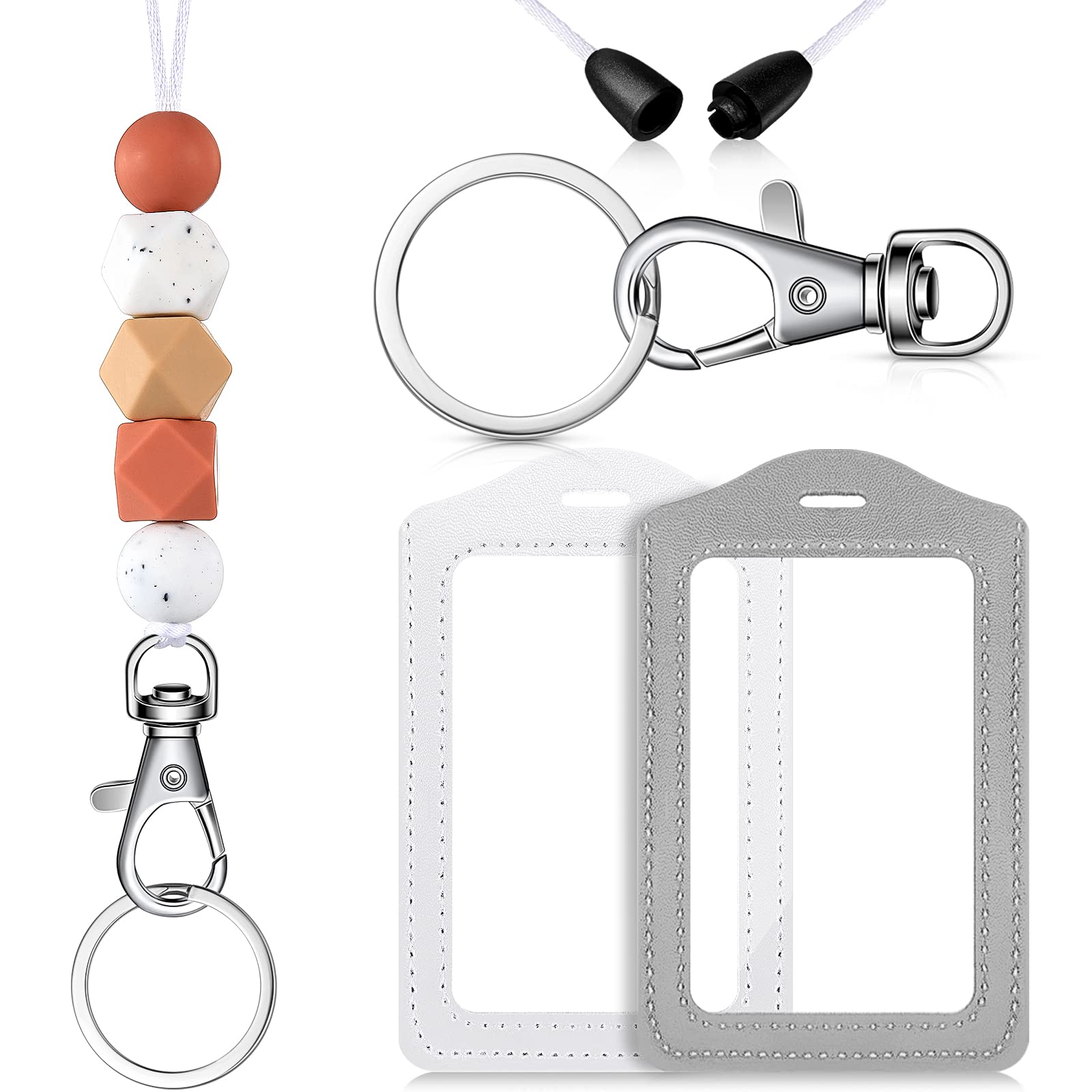 Premium Breakaway Lanyard with 2 ID Badge Holders - Silicone Beaded Adjustable Neck Strap & Leather Card Holder for Teachers, Employees, Women (Basic Style) - Perfect for Schools, Offices, Conferences & Events