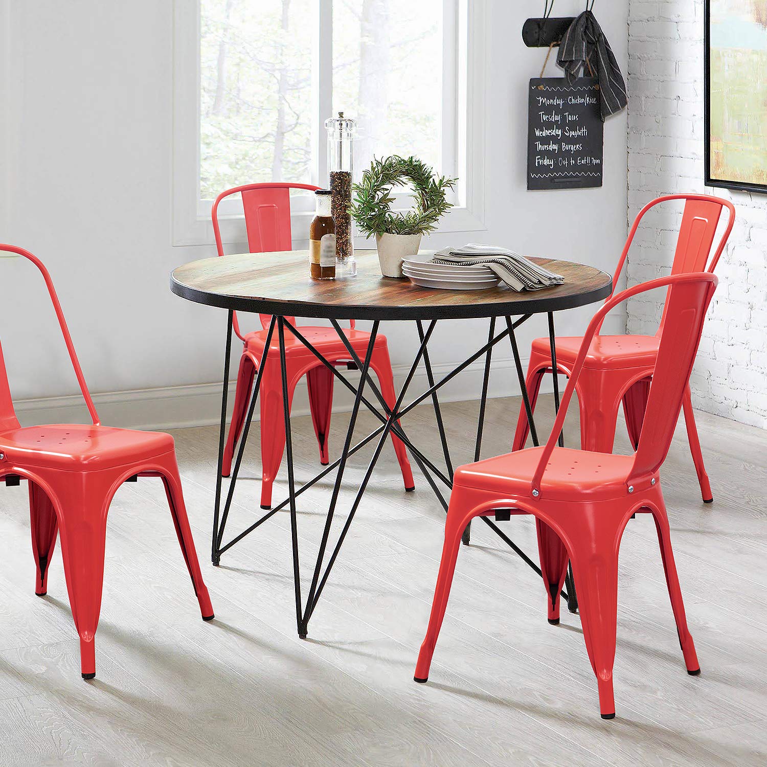 **Devoko 4-Pack Distressed Metal Stackable Dining Chairs - Indoor/Outdoor Kitchen & Patio Side Chairs with Back Support (Red) - Perfect for Home, Restaurant & Cafe Seating**