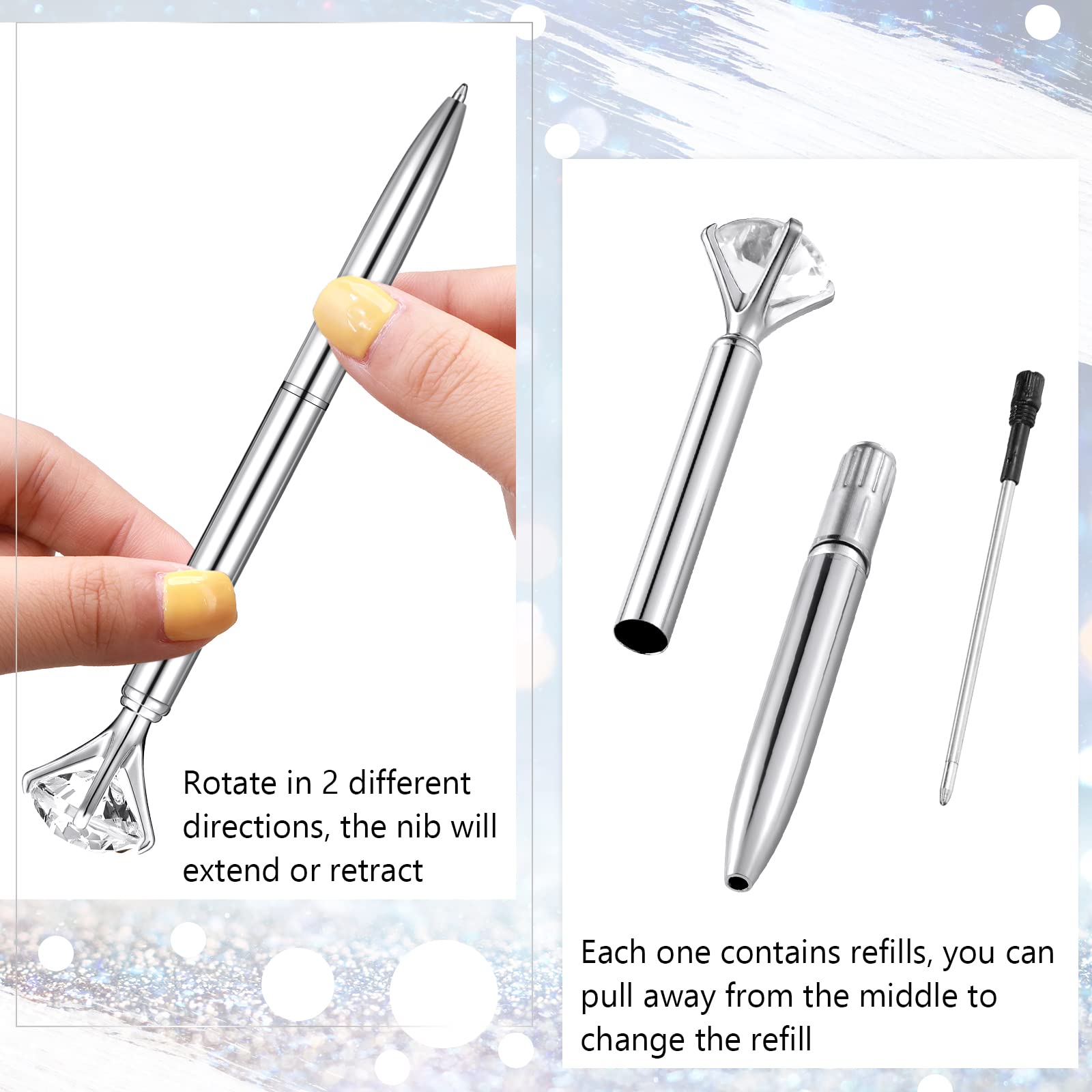 50 Pcs Bulk Diamond Pens with Crystal Tips - Elegant Metal Bling Ballpoint Pens with Black Ink for Bridal Showers, Weddings, Parties, Office & School Use - Perfect as Bridal Shower Gifts & Party Favors (Silver)