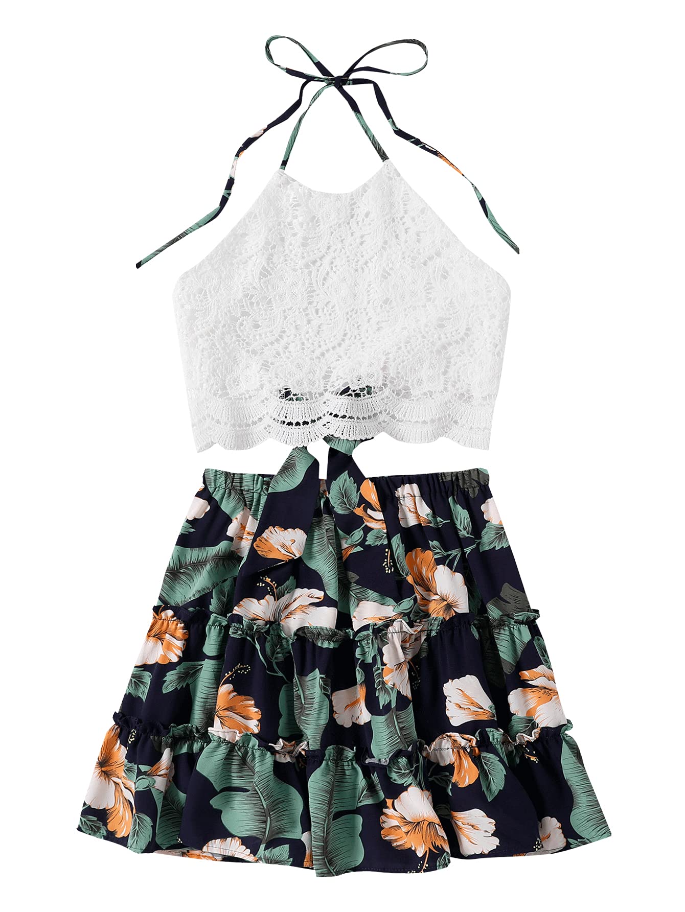 LYANER Women's 2 Piece Outfits Summer Lace Halter Cami Crop Top with Floral Mini Skirt Set - Sexy Floral Print Matching Set for Beach, Vacation & Date Night Outfits