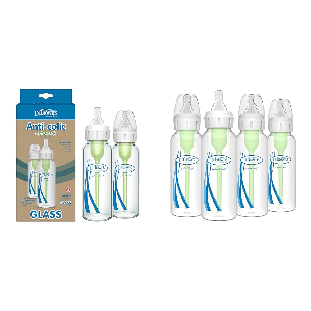 Dr. Brown’s Natural Flow® Anti-Colic Options+™ Narrow Glass Baby Bottles, 2-Pack, 8 oz/250 mL - BPA-Free Baby Feeding Bottles for Newborns & Infants - Perfect for Breastfeeding Transition & Reducing Colic (Packaging May Vary) | Dr. Brown’s Options+ Narrow Baby Bottles, 4-Pack, 8 oz - Ideal for Formula Feeding & Gas Relief in Infants