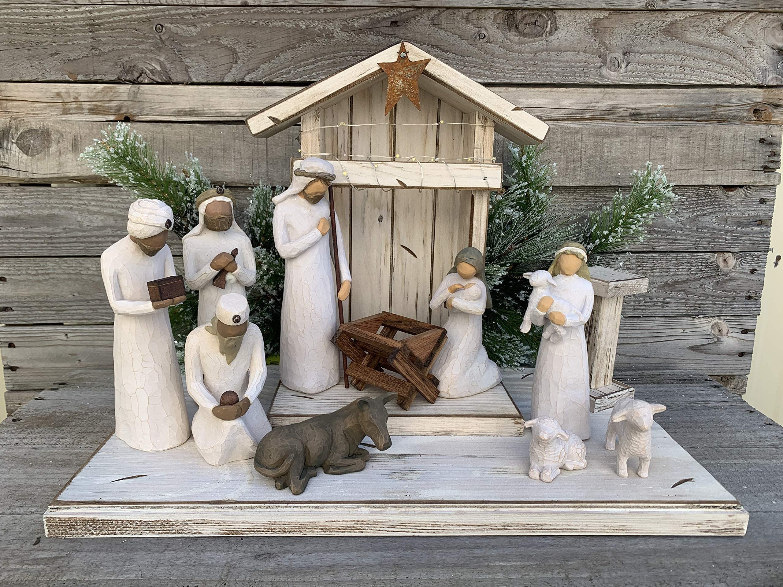 Distressed Real Wood Nativity Stable for Willow Tree Figures - Includes Manger, Angel Stand & Lights - Green, White & Brown - No Assembly Required - Perfect for Christmas Decorations & Holiday Displays