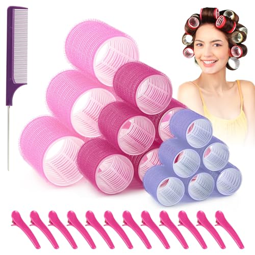 31PCS Heatless Hair Rollers Set - Self Grip Hair Curlers for Long, Medium & Short Hair - 3 Sizes (6S/6M/6L) Jumbo Velcro Rollers in Pink, Rose & Purple - Perfect for Overnight Styling, Beach Waves & Damage-Free Curls