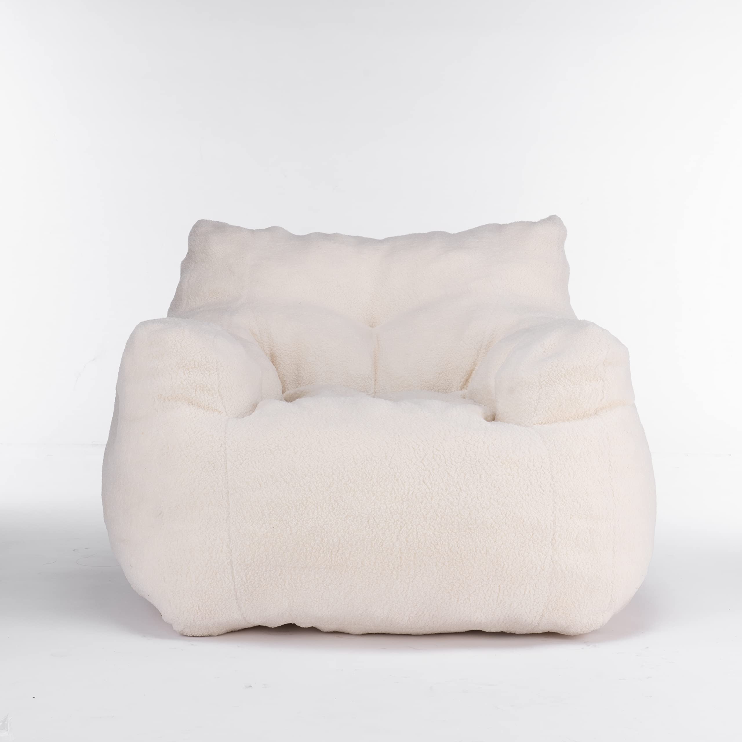 Soft Tufted Bean Bag Chair for Adults & Kids - Medium Teddy Fabric Bean Bag with Arms in Ivory White - Perfect for Living Room, Bedroom, Dorm & Game Room Relaxation