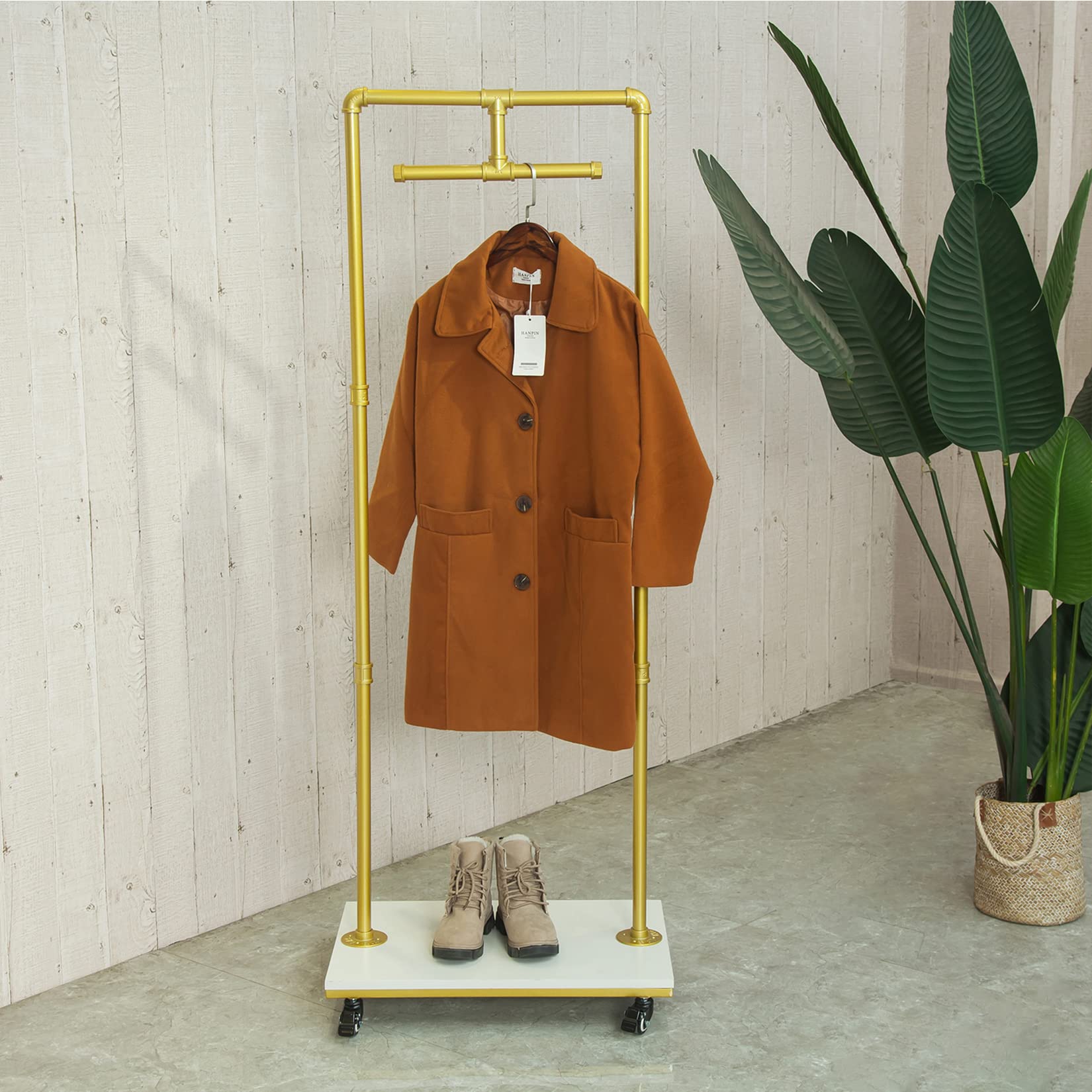 Industrial Pipe Rolling Garment Rack with Wheels - Heavy Duty Clothing Storage Display Stand, Adjustable Floor Standing Hanging Rod for Clothes, Hangers & Shelves (Gold) - Perfect for Retail Stores, Boutiques & Home Closet Organization