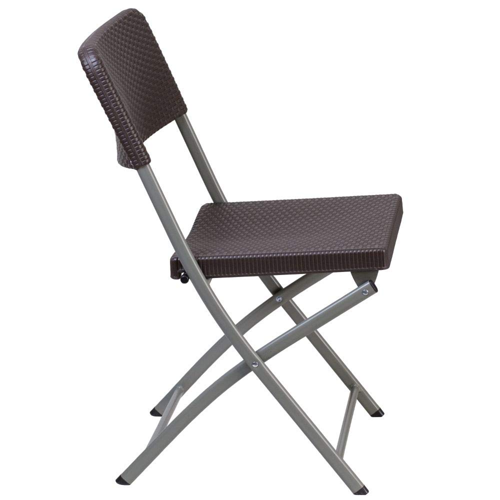 Flash Furniture 2-Pack HERCULES Series Brown Rattan Plastic Folding Chairs with Gray Frame - Outdoor Patio, Garden, Poolside & Indoor Events