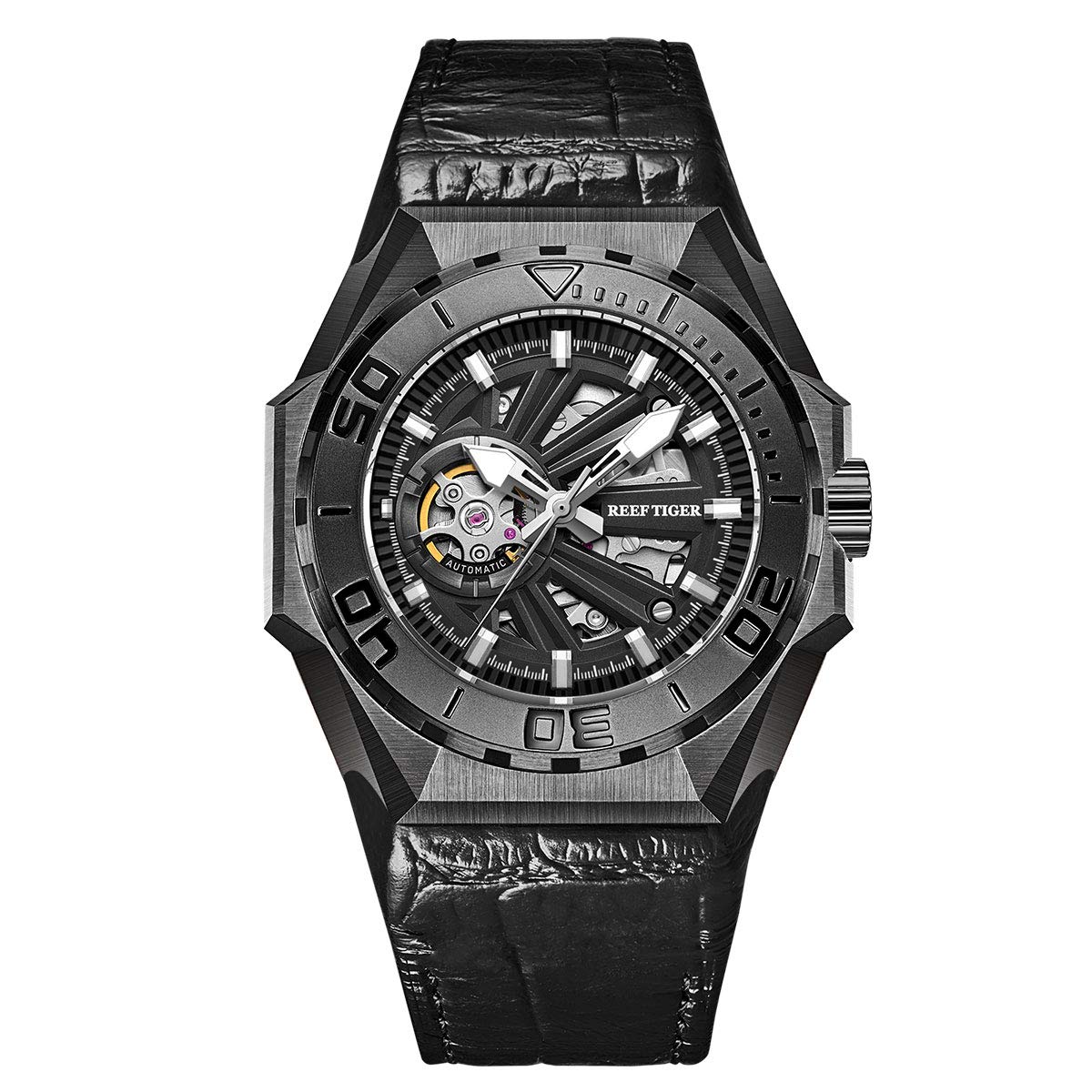 REEF TIGER Men's Skeleton Automatic Dive Watch - Military Style Mechanical Watch with Leather Strap RGA6903-S - Perfect for Scuba Diving, Outdoor Adventures & Business Casual Wear
