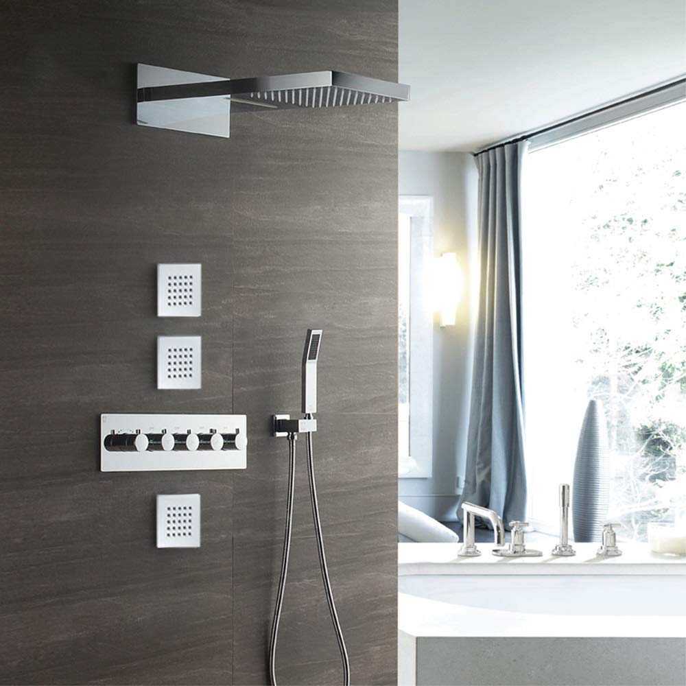 Premium Thermostatic Shower System - 4-Function Concealed Wall Mount Shower Faucet with Fixed Rainfall Showerhead | Modern Bathroom Upgrade for Spa-Like Experience