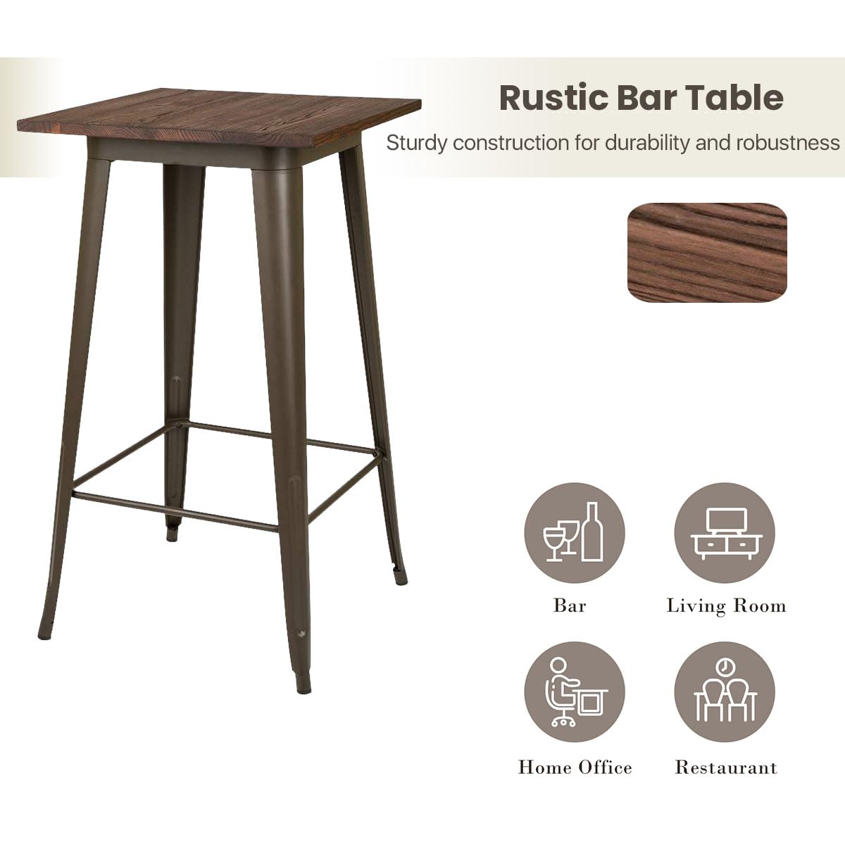Glitzhome 3-Piece Pub Dining Set - Rustic Steel Square Bar Table with Solid Elm Wood Top & Matching Bar Stools for Breakfast Nook, Living Room, Small Space or Restaurant | Perfect for Kitchen Islands, Outdoor Patios & Bistro-Style Dining