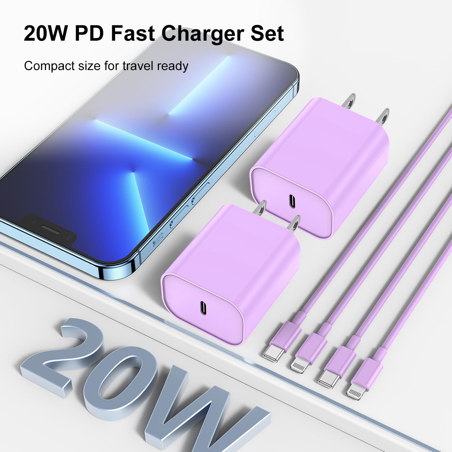 20W Fast Charger with 6ft USB-C to Lightning Cable for iPhone 14/13/12/11 Pro Max/XS - Purple | Quick Charging Block & Cord for Home, Office & Travel