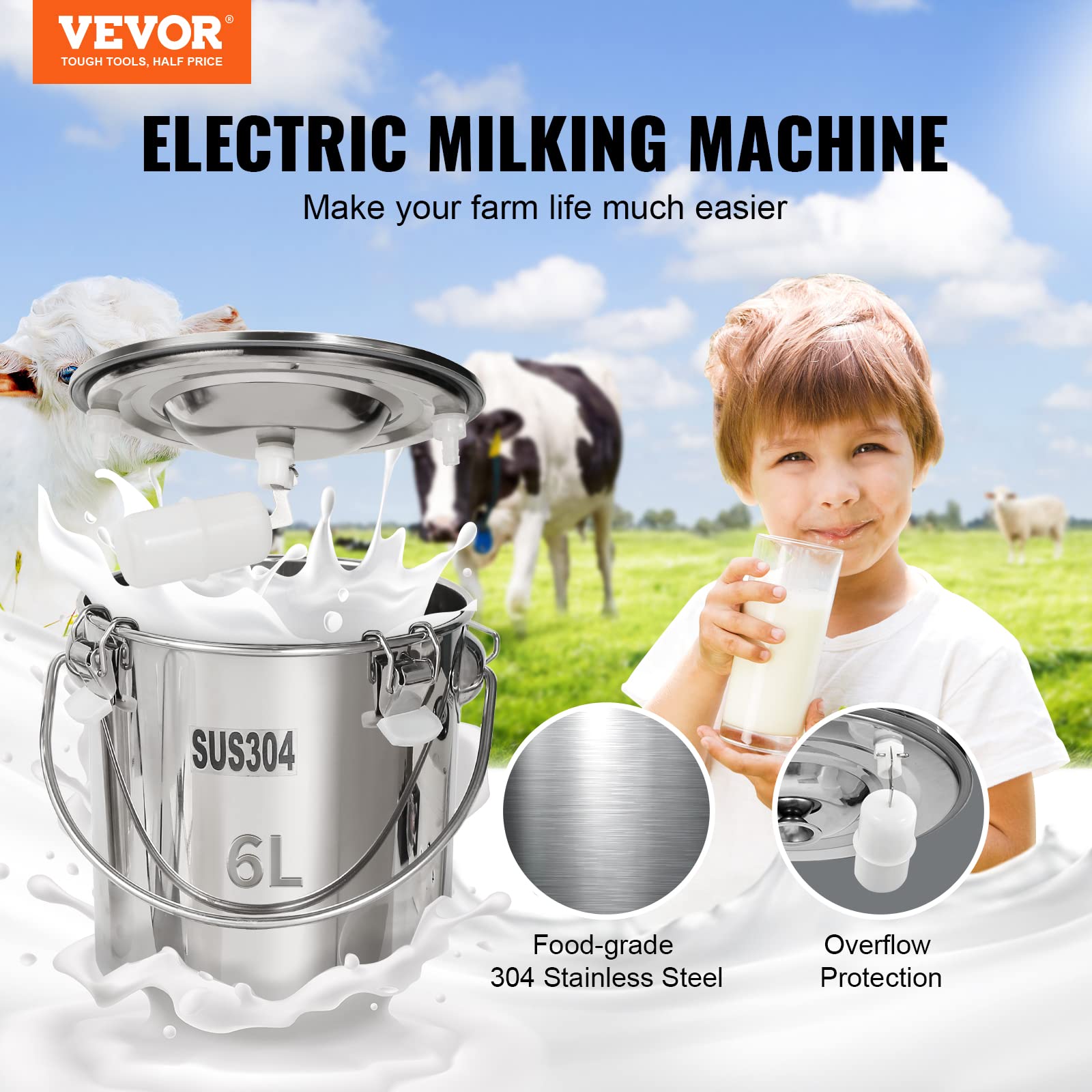 VEVOR Electric Goat Milking Machine - 6L 304 Stainless Steel Bucket, Automatic Pulsation Vacuum Milker with Food-Grade Silicone Cups & Tubes, Adjustable Suction for Cows, Sheep & Goats - Portable Dairy Equipment for Small Farms & Homesteads