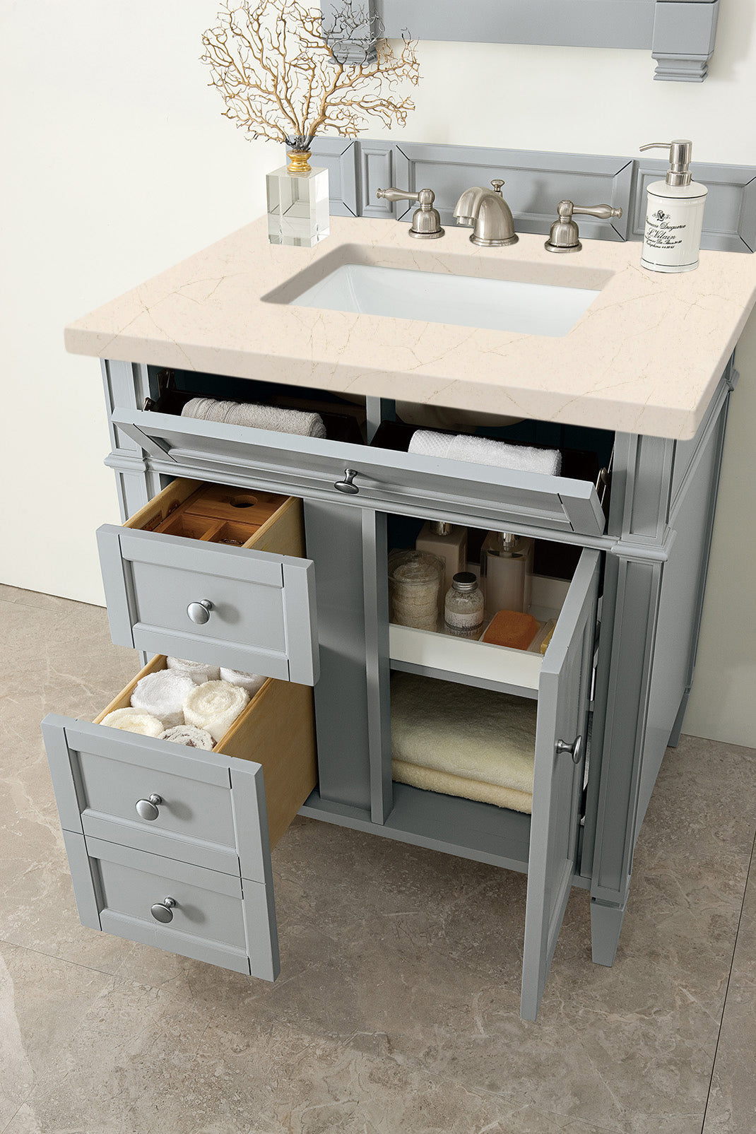 Brittany 30 Inch Single Bathroom Vanity Set with Eternal Marfil Quartz Top in Urban Gray - Perfect for Modern Master Bathrooms & Powder Rooms