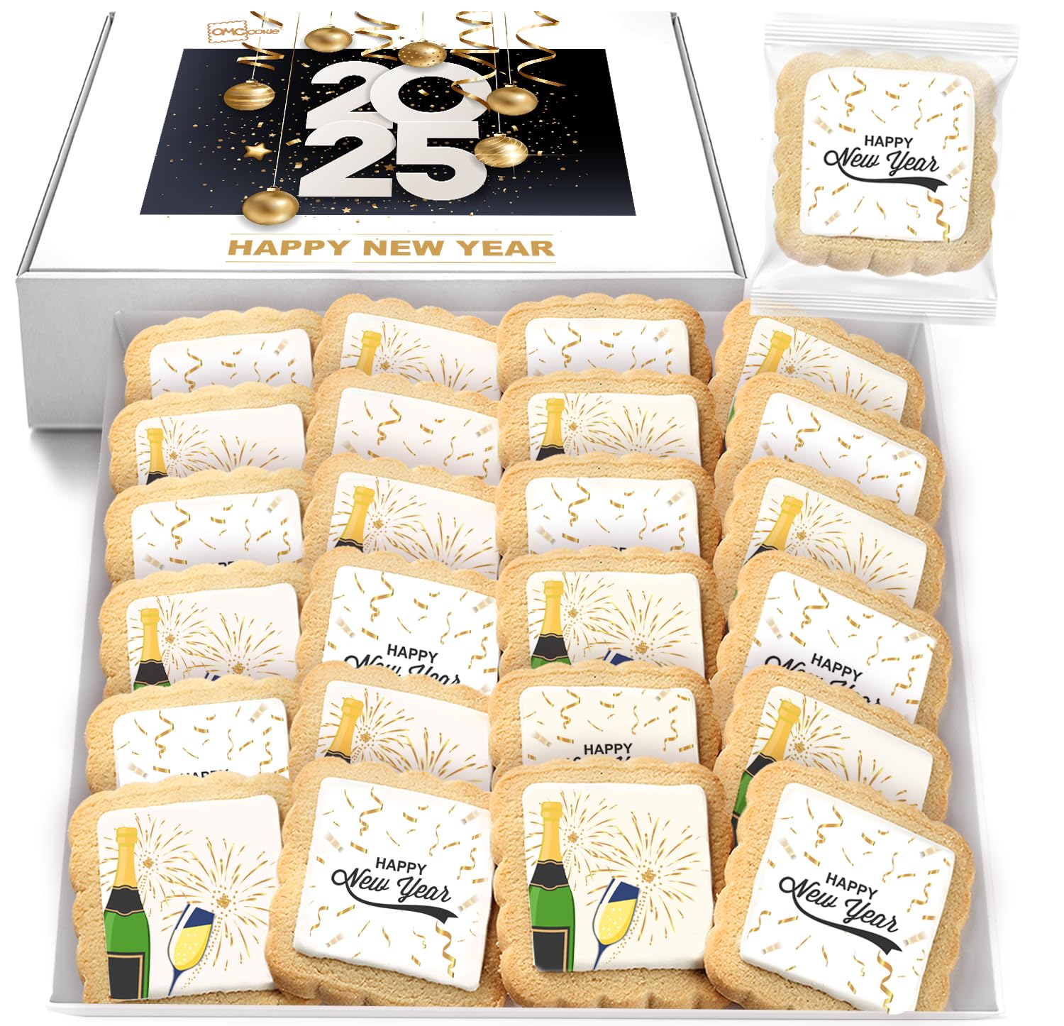 Happy New Year 2025 Individually Wrapped Sugar Cookies - 24 Pack Bulk Party Favors, Holiday Treats & Gift Box for Celebrations, Office Parties & Family Gatherings