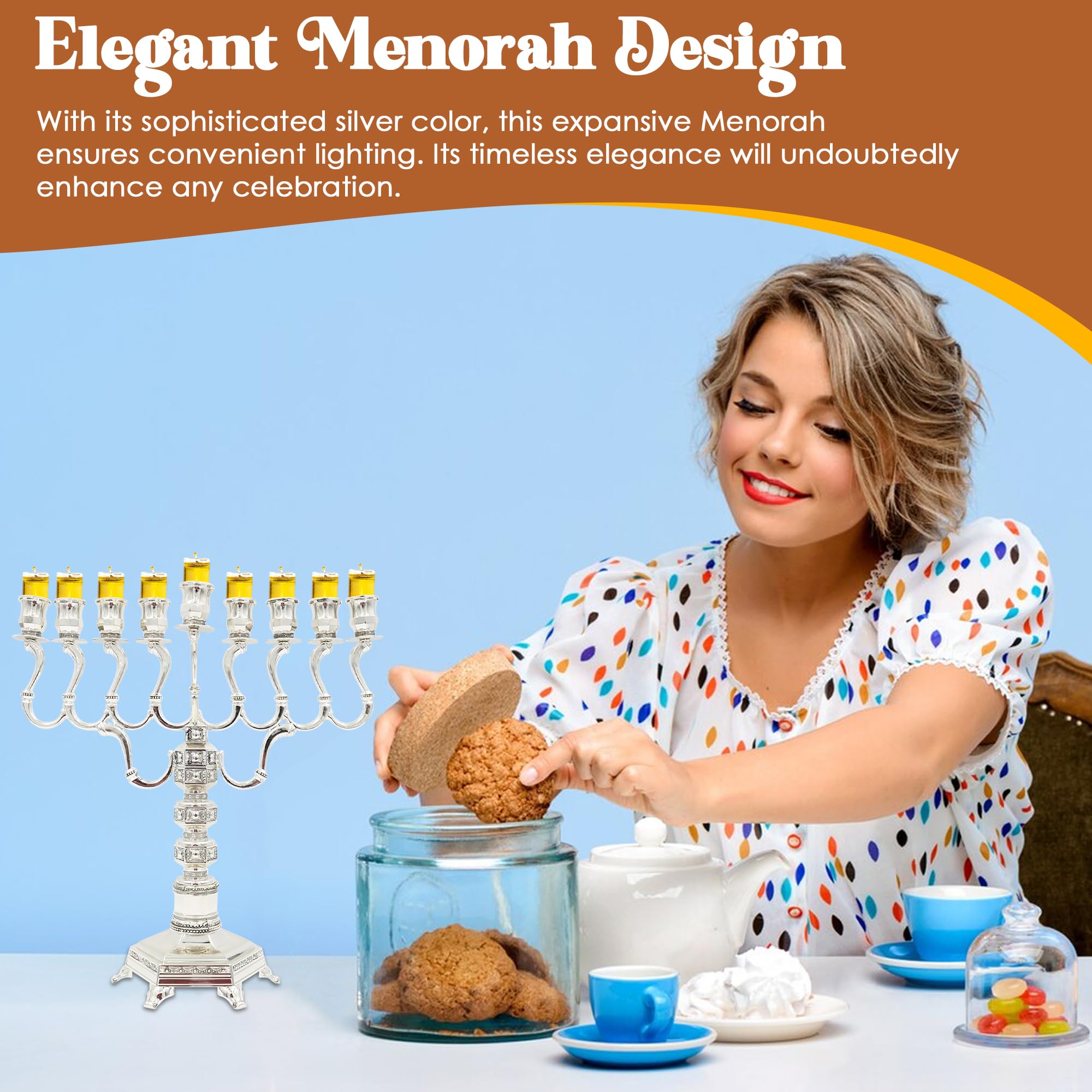 Majestic Silver-Plated Hanukkah Menorah (MN-HA19899BM) - 13.5” Height | Fits Standard Oil Cups & Large Candles | Durable & Long-Lasting | Elegant Jewish Holiday Decoration for Home, Synagogue, or Gift Giving