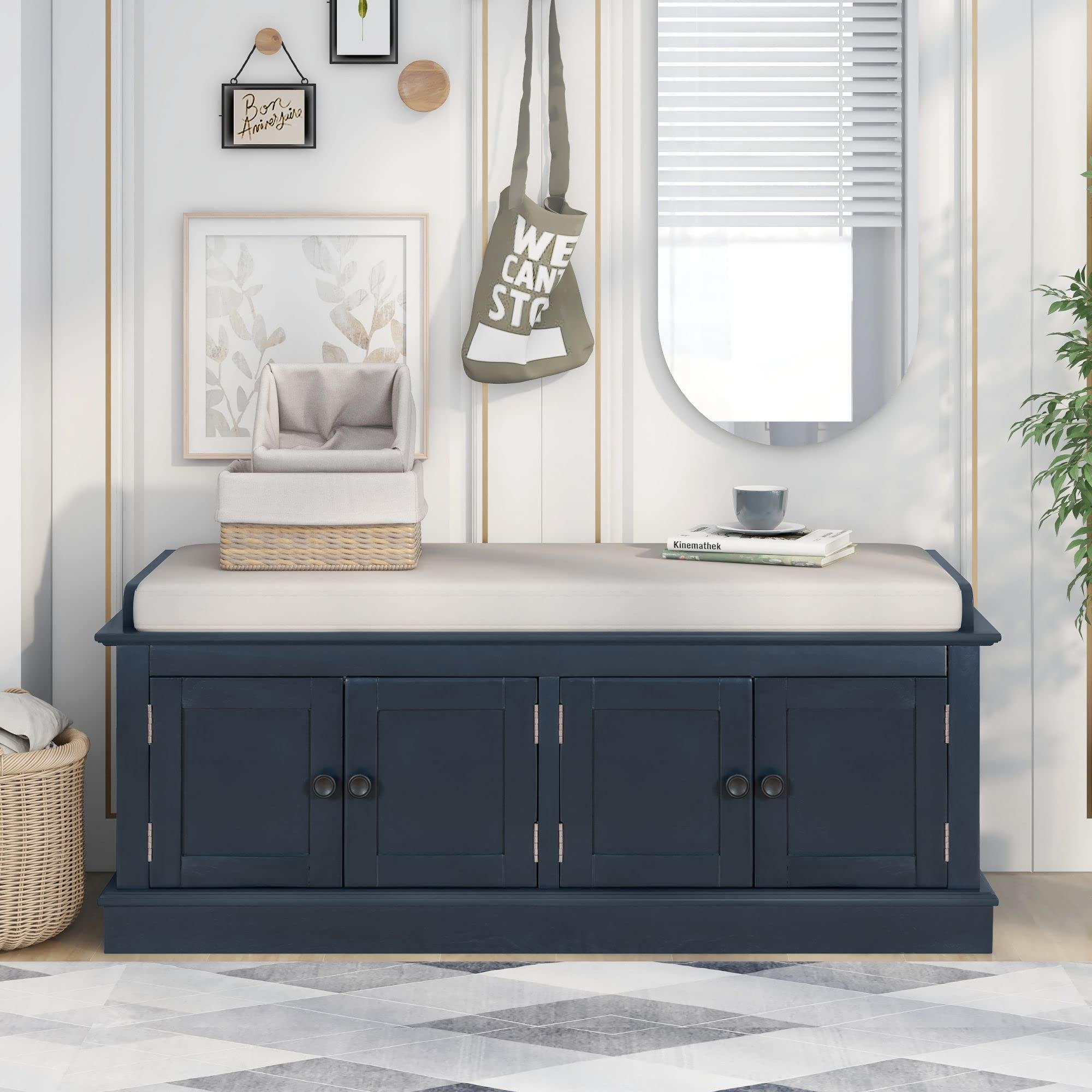 Farmhouse Style Rectangular Fabric Storage Ottoman Bench - Upholstered Entryway Shoe Bench with Tufted Design, Removable Cushion & Adjustable Shelves - Perfect for Living Room, Bedroom, or Hallway Organization