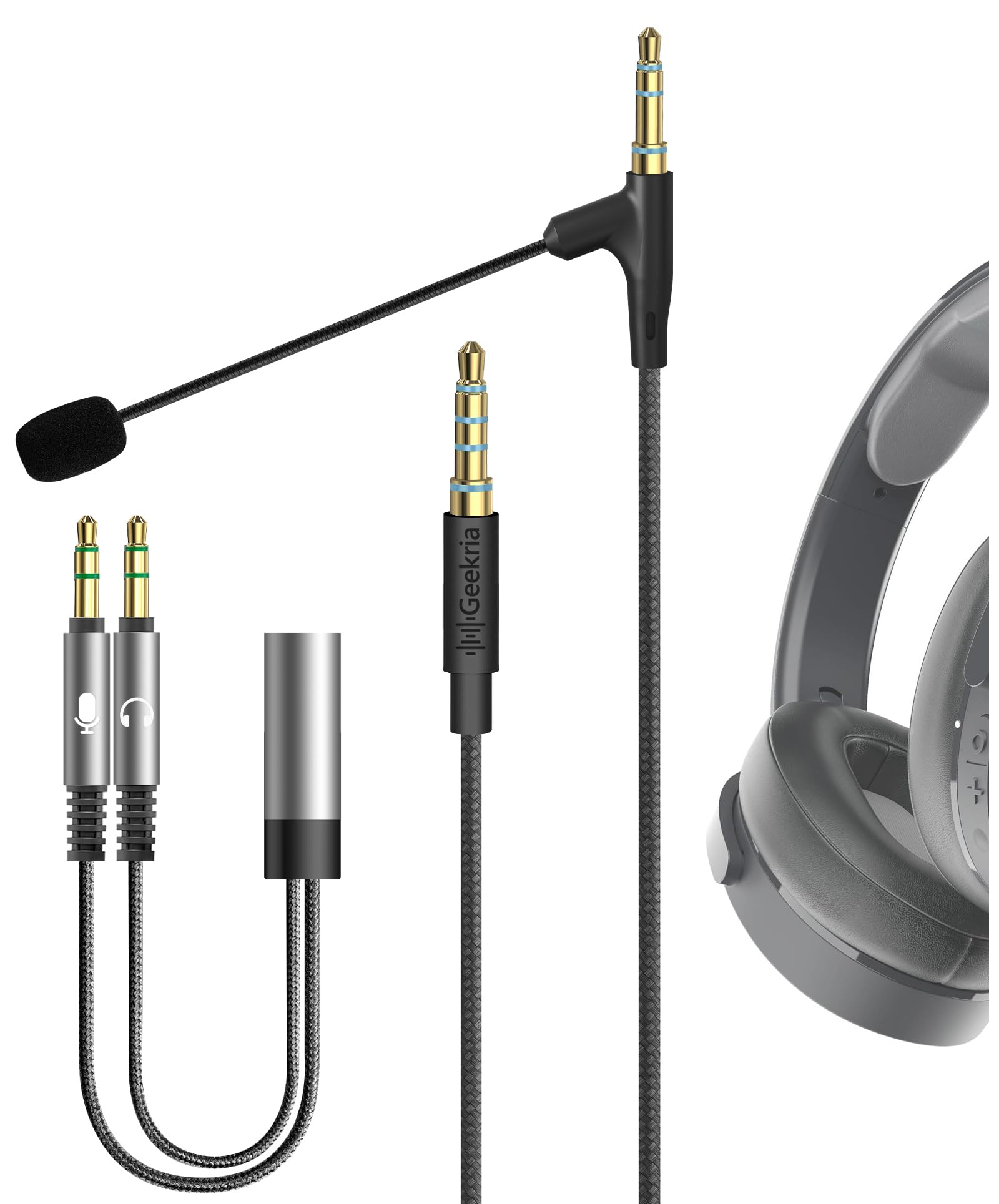 Geekria Replacement Boom Mic Headphone Cable for Skullcandy Hesh 3, Evo, Crusher Evo, Venue Headsets - 3.5mm Nylon Braided Aux Cord with Microphone for Gaming, Online Meetings & Conference Calls (5.6ft/1.7m) - Durable Audio Cable for PC, Laptop, Mobile Devices & Streaming Setup