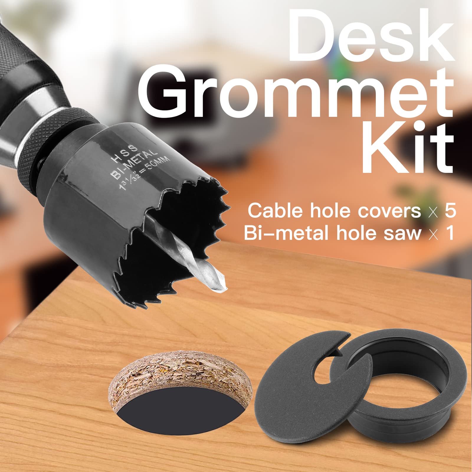 2 Inch Black Desk Cable Grommet Kit with Bi-Metal Hole Saw Drill Bits - 5 Pcs Plastic Wire Hole Covers for Computer Desk Cable Management & Office Organization