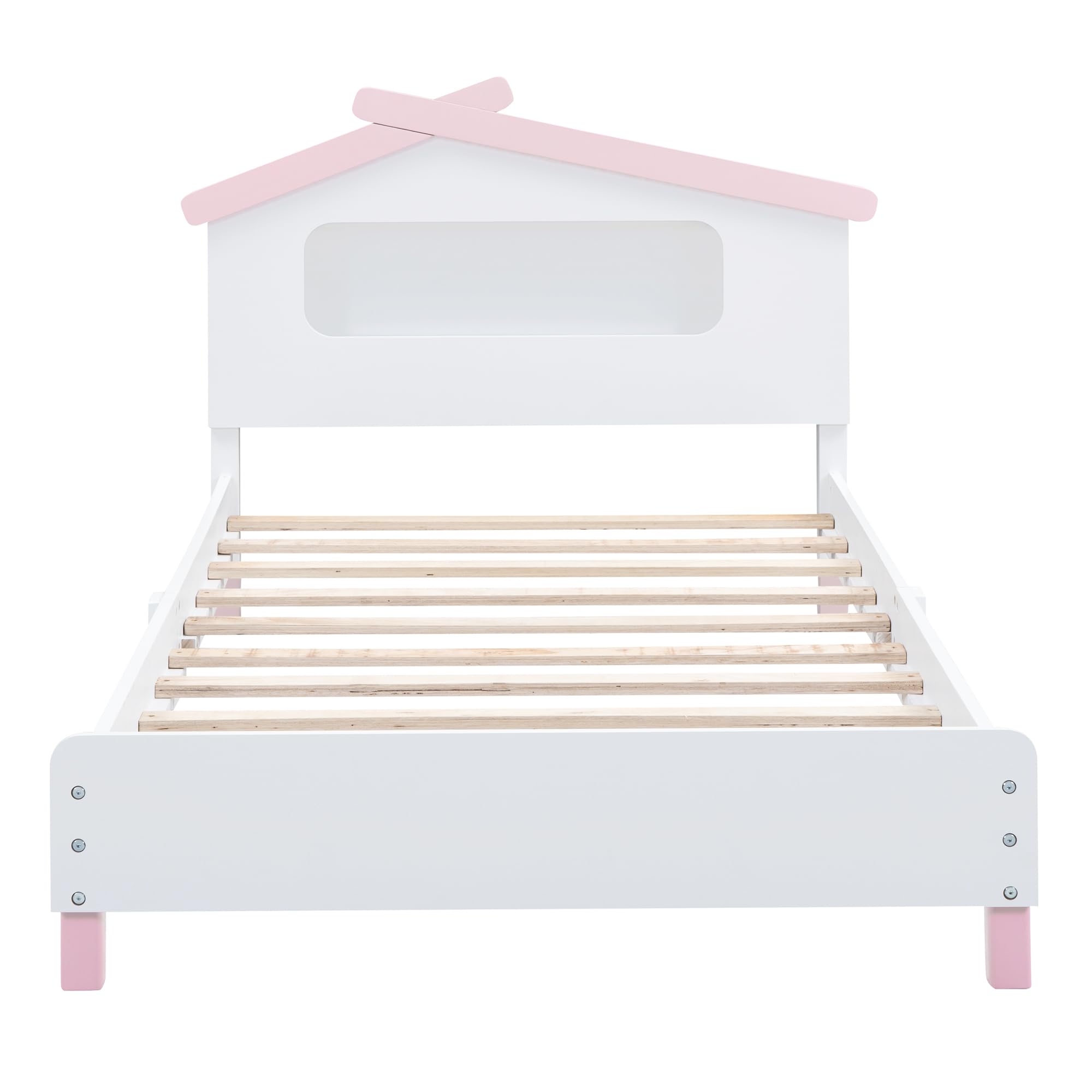 Harper & Bright Designs Twin Bed Frame with House-Shaped Headboard - Wooden Kids Platform Bed with Motion-Activated Night Lights - Cute Single Bed for Girls & Boys (White & Pink) - Perfect for Kids' Bedrooms, Playrooms & Cozy Sleep Spaces