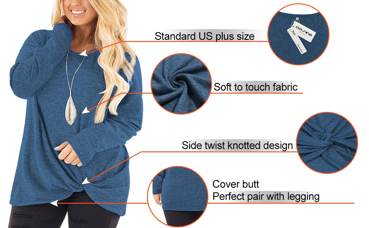 DOLNINE Women's Plus Size Knotted Tops Long Sleeve Tee Shirts - Loose Casual Blouse for Women | Comfortable Stretchy Fabric for Everyday Wear, Work & Weekend Outfits