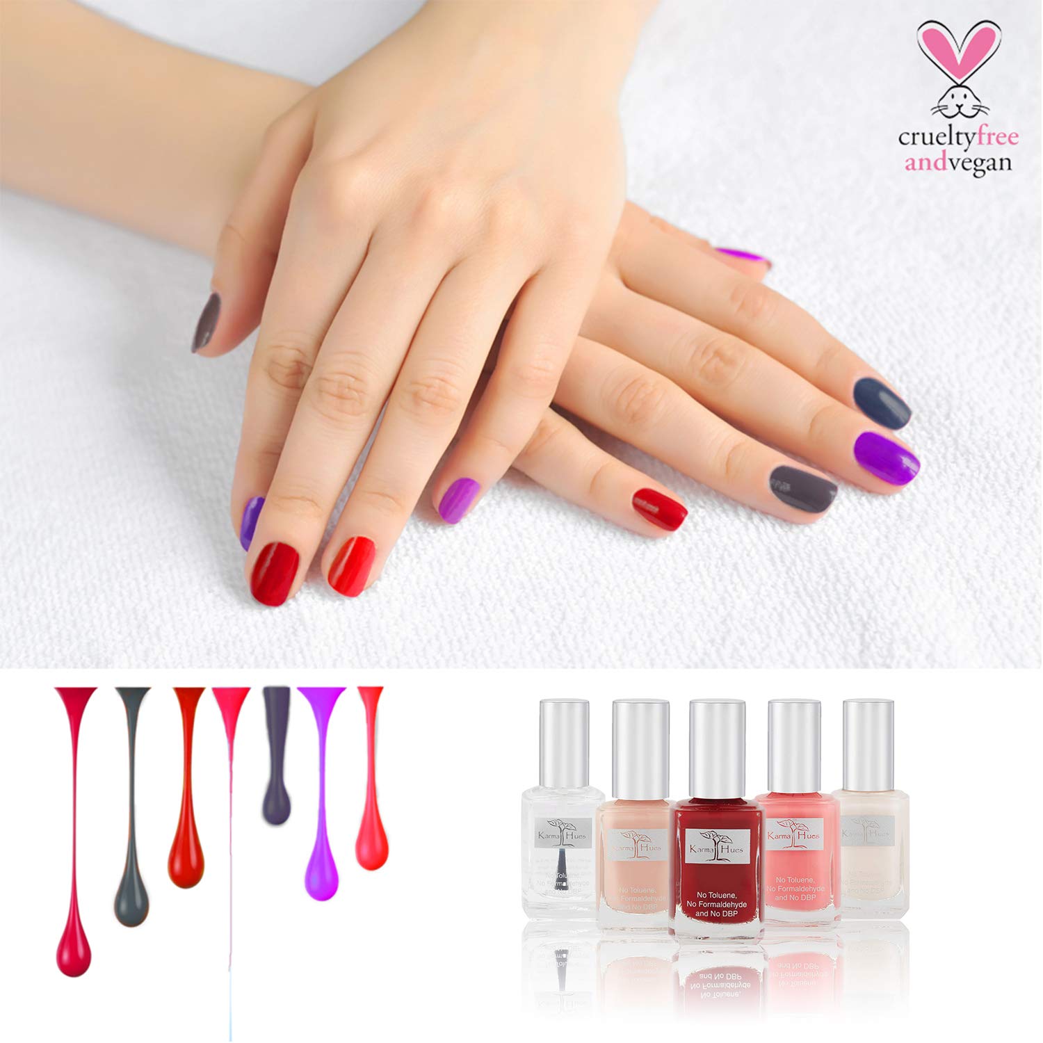 Natural Vegan & Cruelty-Free Nail Polish Set - 6pc Non-Toxic Base Coat & Lavender Nail Polish Remover for Christmas Nail Art | Perfect for Holiday Parties, Gift Giving & Home Manicures