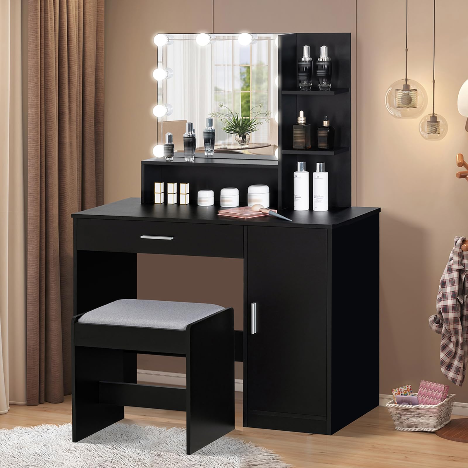 USIKEY Makeup Vanity Desk with LED Lights & Mirror - 3-Tier Storage Vanity Table with Drawer, Cabinet & Stool - Elegant Black Dressing Table for Bedroom, Perfect for Makeup Application & Beauty Organization