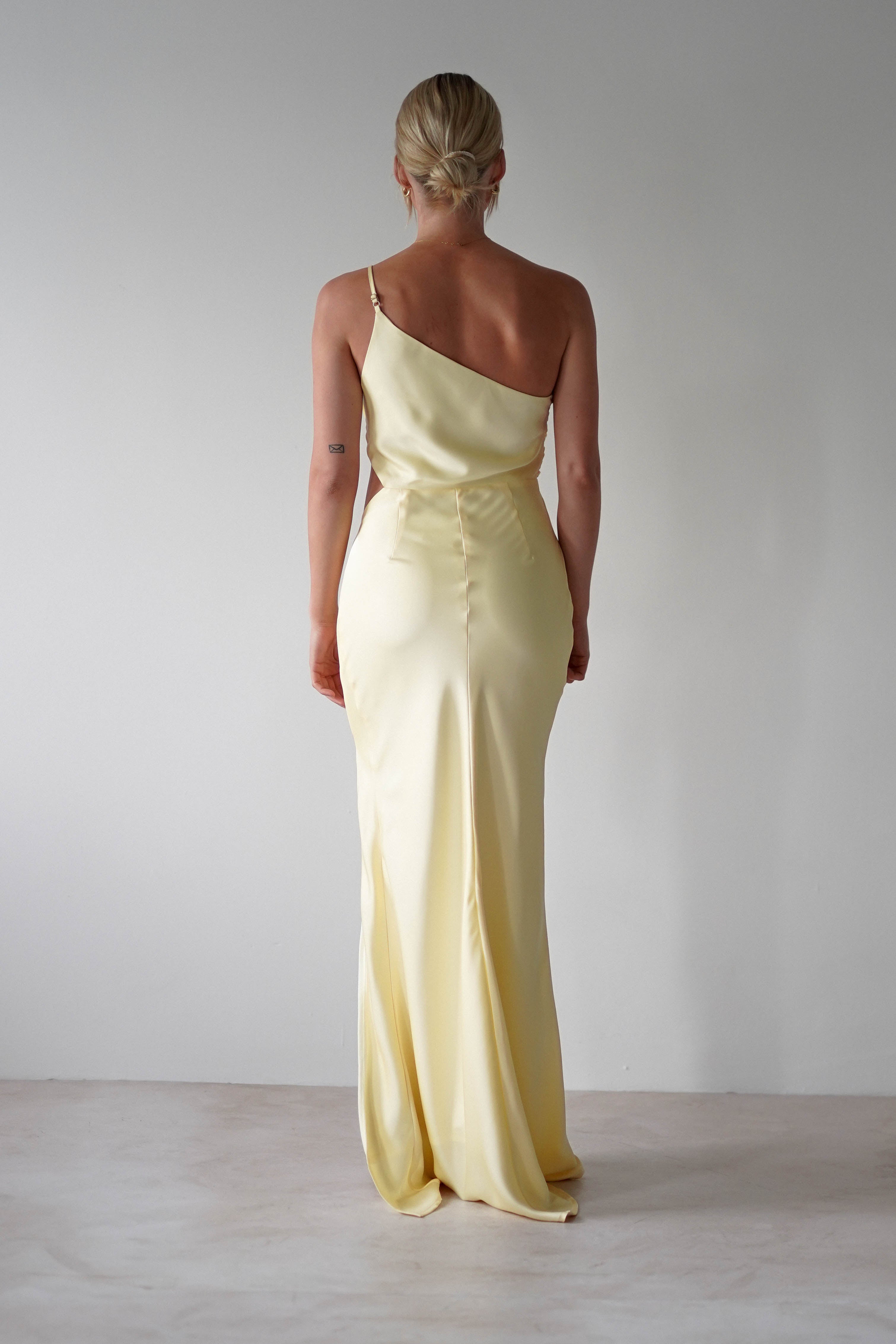 Lyra Soft Matte Satin Maxi Dress in Yellow | Elegant Women's Summer Evening Gown for Beach Weddings & Date Nights