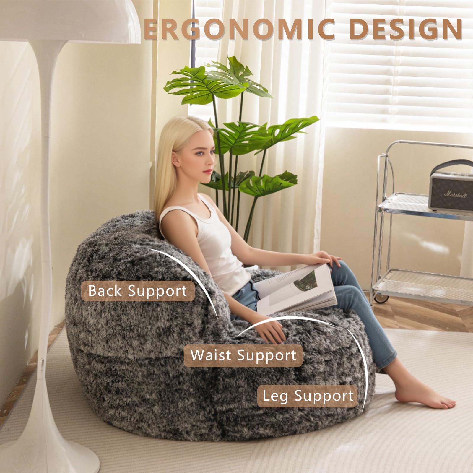 BYBYME Giant Faux Fur Bean Bag Chair - Oversized Bean Bag Couch for Adults, Large Living Room Floor Chair with Storage Pocket | Perfect for Movie Nights, Gaming, and Relaxing in Bedroom or Lounge
