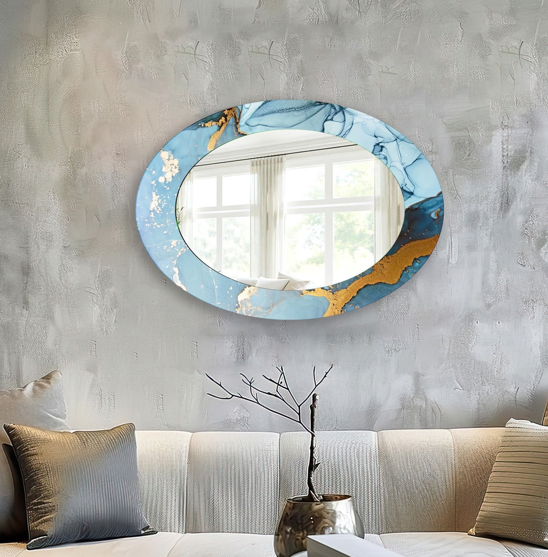 Stylish Blue Oval Wall Mirror - Elegant Home Decor for Living Room, Bedroom & Bathroom - Perfect for Vanity, Entryway & Interior Design