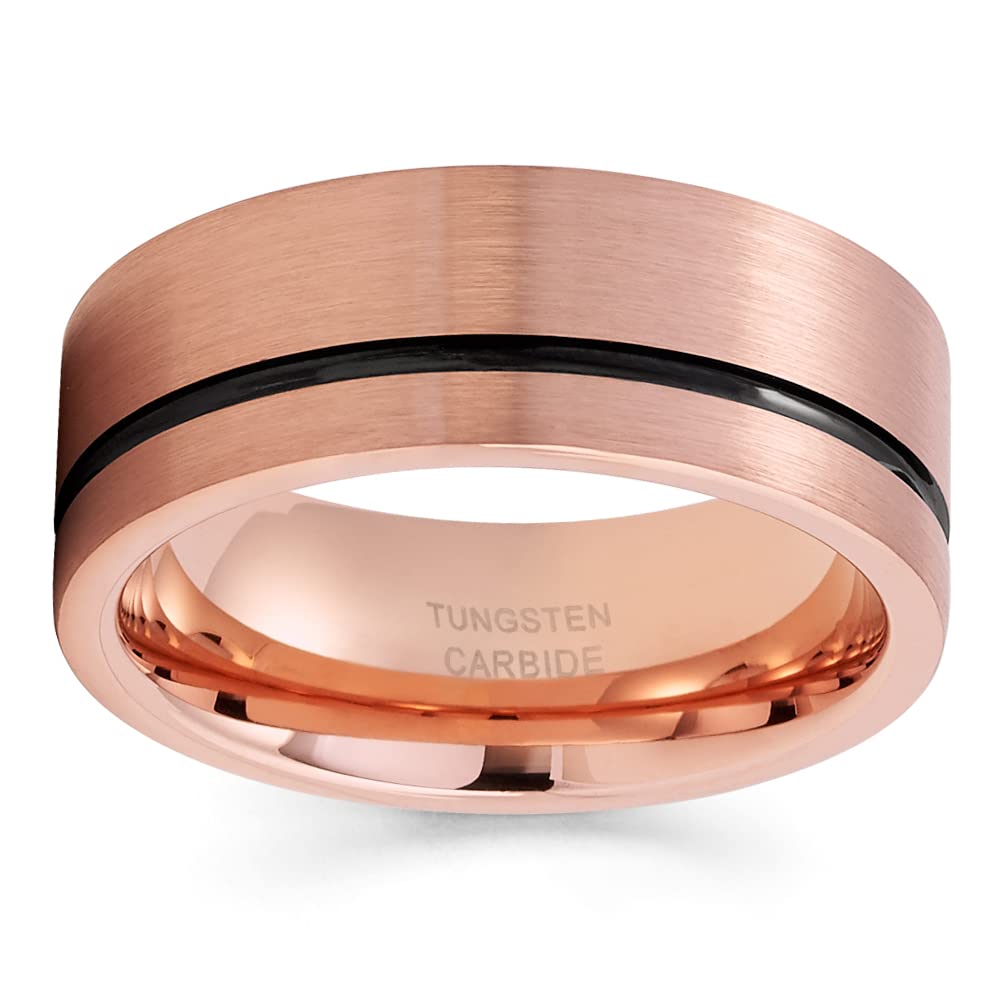 Rose Gold Tungsten Carbide Wedding Band for Men & Women - 8mm Comfort Fit Ring with Black Groove - 18K Rose Gold Plated - Durable & Scratch Resistant - Perfect for Anniversaries, Engagements & Everyday Wear