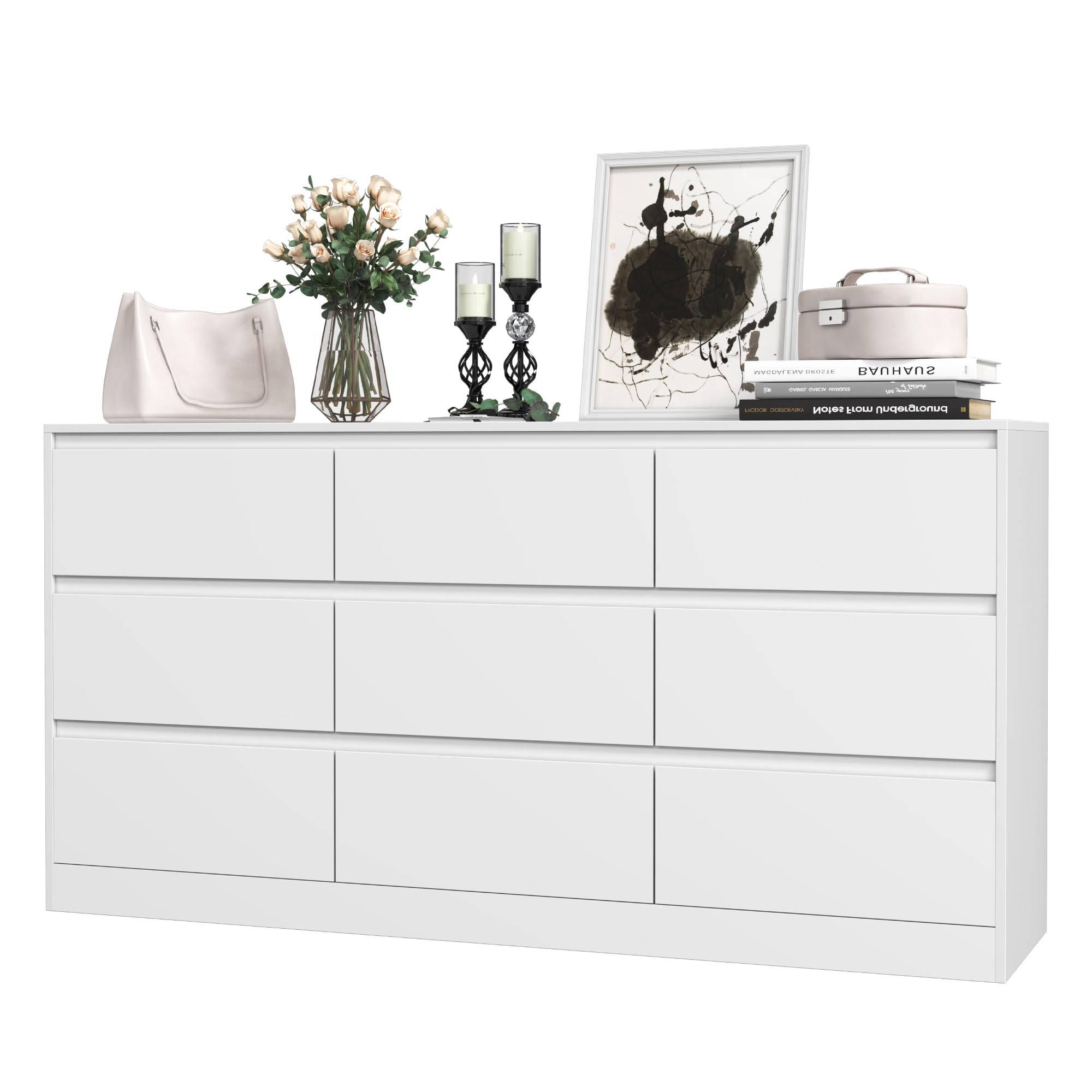 Large 9-Drawer Dresser for Bedroom - Wide White Dresser with Deep Storage Drawers - Perfect for Nursery, Living Room, Entryway & Hallway Organization
