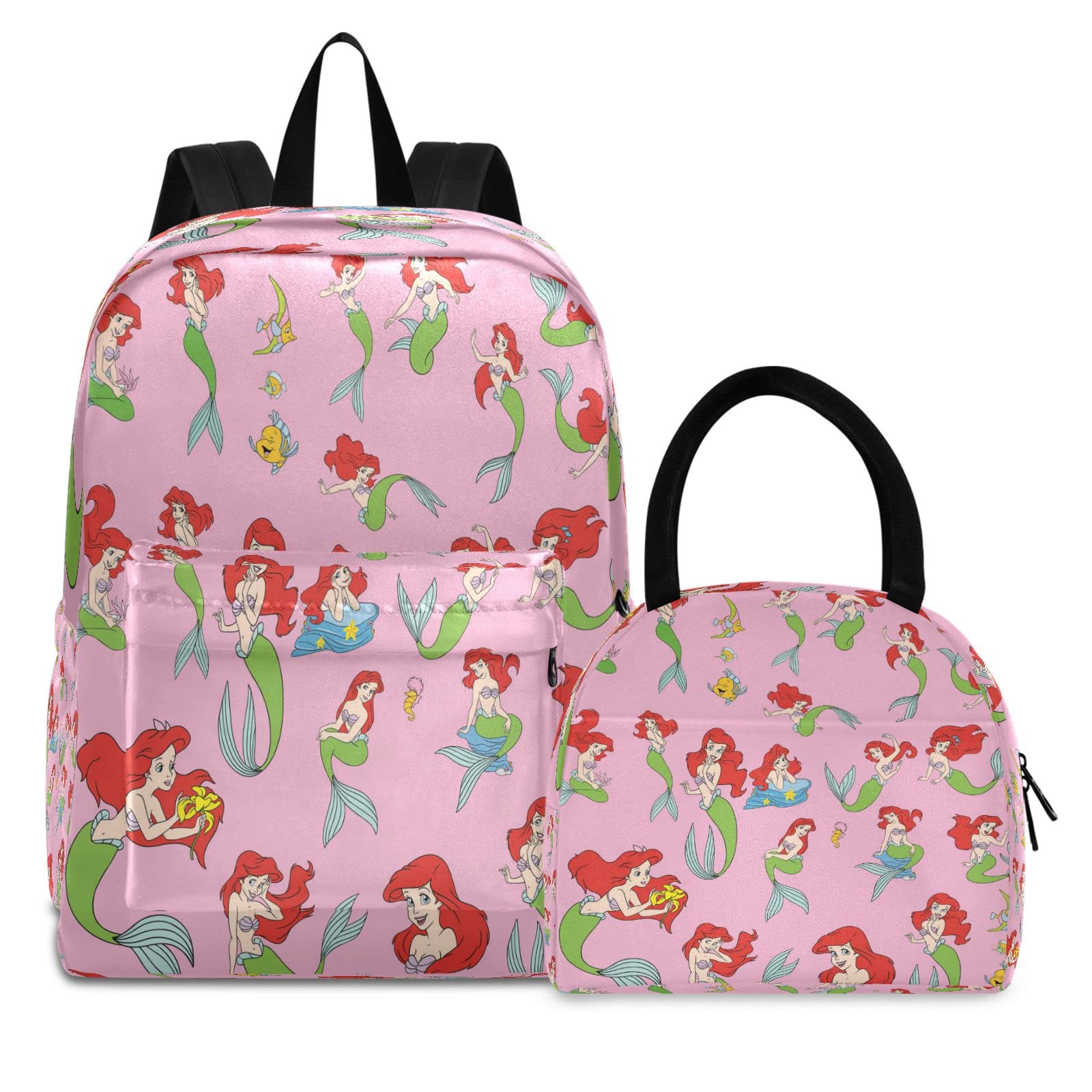 Pink Cartoon Mermaid Waterproof Backpack for School - Cute Kids Bookbag with Lunch Box Set for Teen Girls & Boys | Perfect for School, Travel, and Daily Use