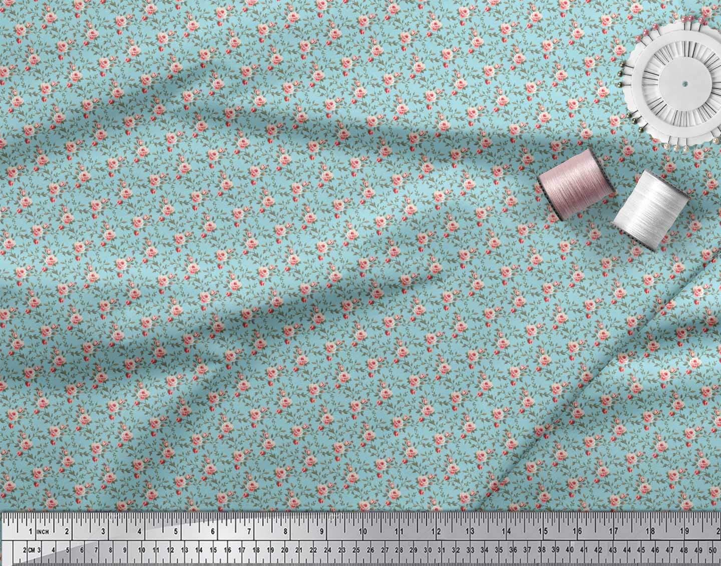 Soimoi Rayon Fabric by The Yard - 56 Inch Wide Blue Printed Fabric with Small Leaves and Rose Floral Patterns - Perfect for Dresses, Skirts, Blouses & DIY Sewing Projects