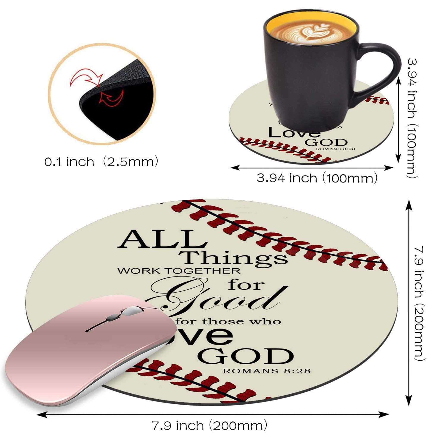 Non-Slip Rubber Gaming Mouse Pad with Coasters Set - Softball Surface Christian Bible Verse Romans 8:28 Design for Computer & Laptop - Perfect for Office, Home & Gaming Setup
