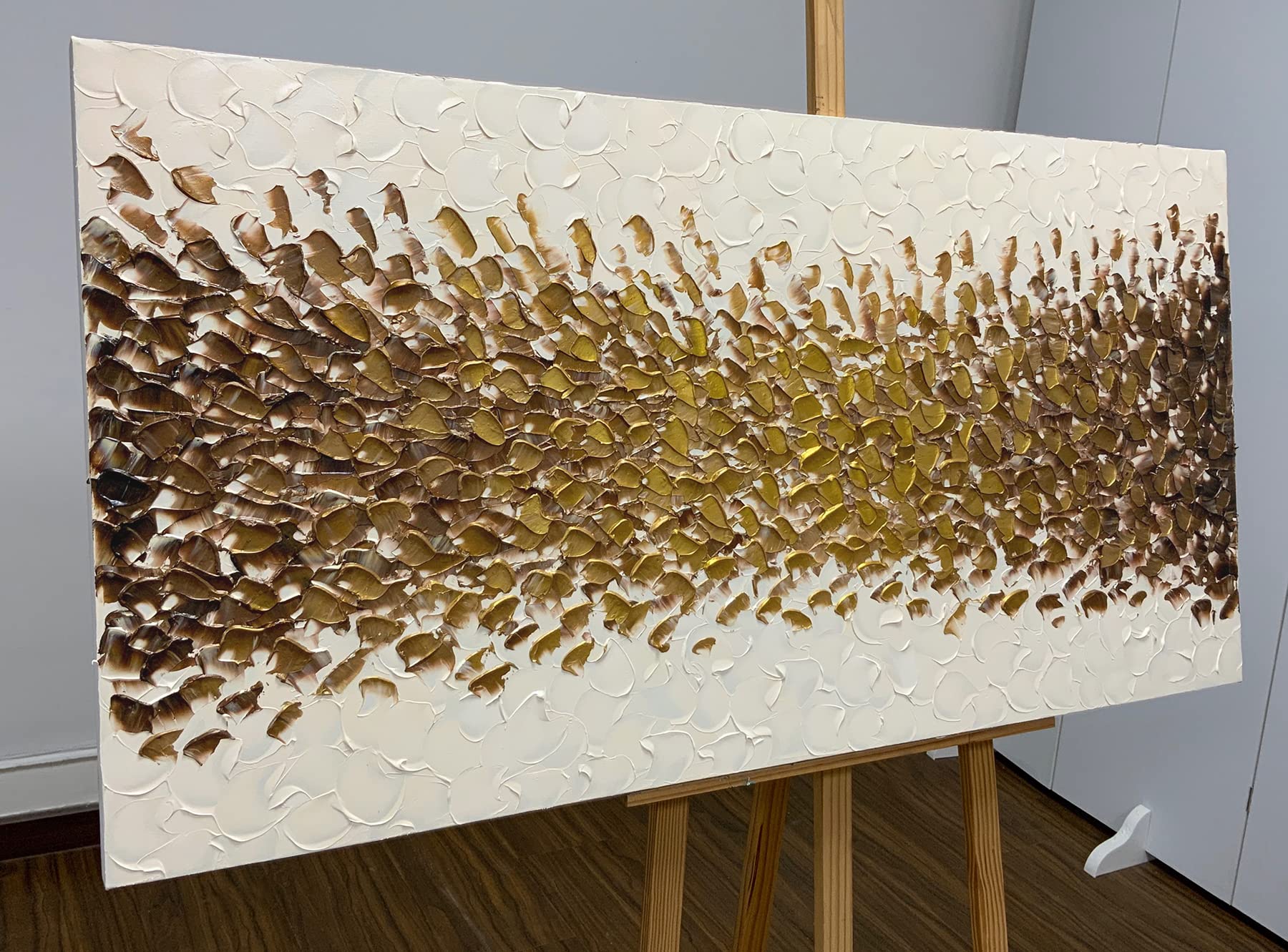 AZAVY 24x48 Inch Hand-Painted Gold Cream White Abstract Oil Painting - Textured Contemporary Wall Art - Stretched & Framed Canvas Ready to Hang - Perfect for Dining Room Decor, Living Room, Office & Modern Interior Design