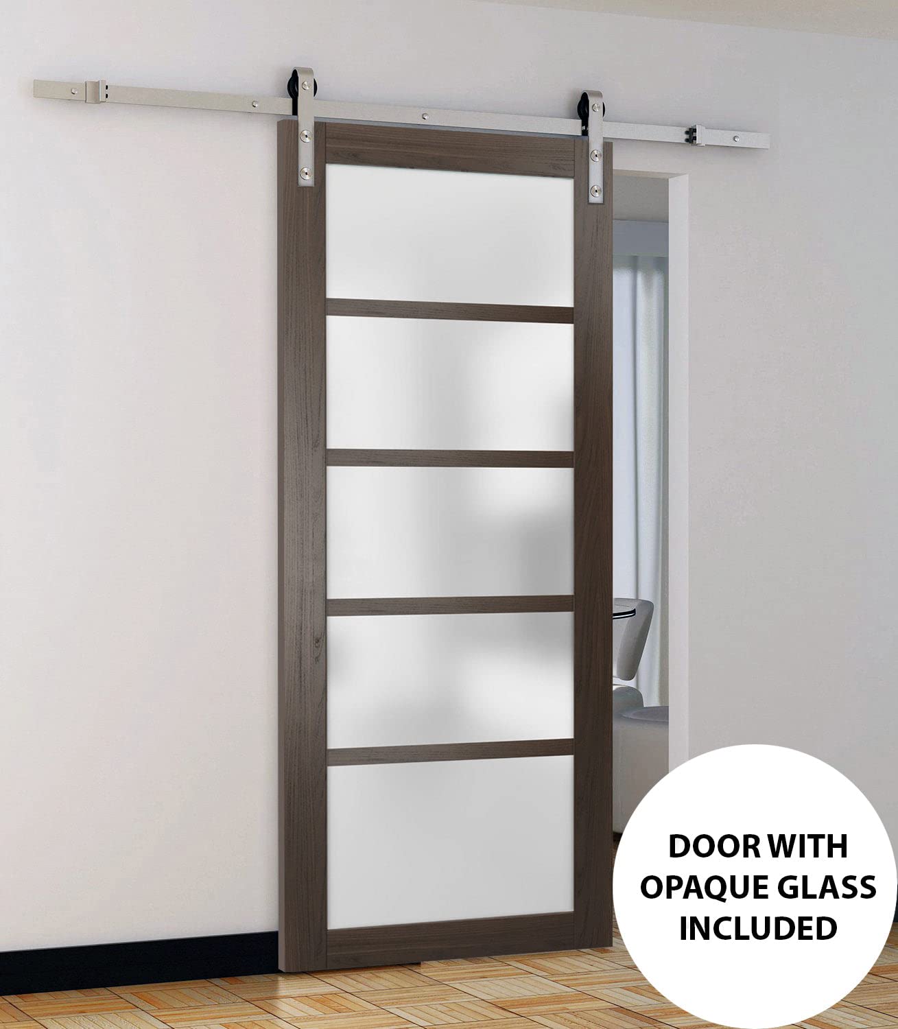 SARTODOORS 30x80 Inch Frosted Glass Slab Barn Door Panel - Quadro 4002 Chocolate Ash Finish | Solid Wood Construction | Smooth Sliding System for Bedrooms, Closets & Home Offices