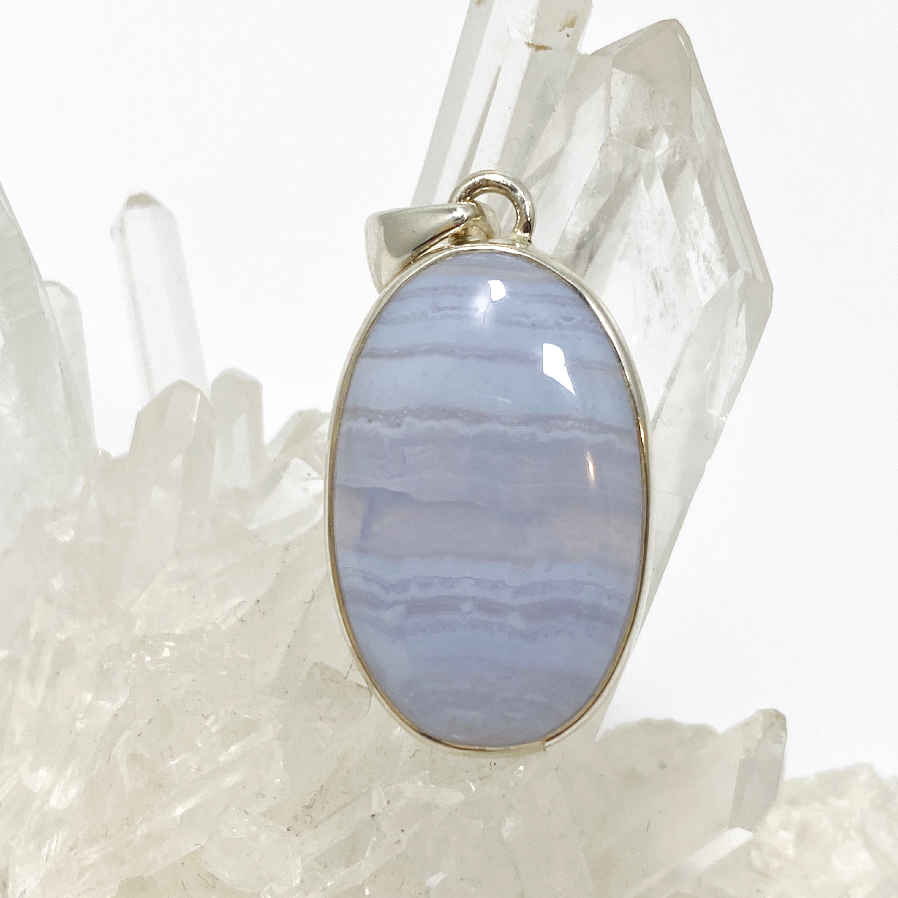 Blue Lace Agate Oval Cabochon Pendant KPGJ4820 - Natural Stone Jewelry for Women, Healing Crystal Necklace - Perfect for Meditation, Yoga & Spiritual Gifts