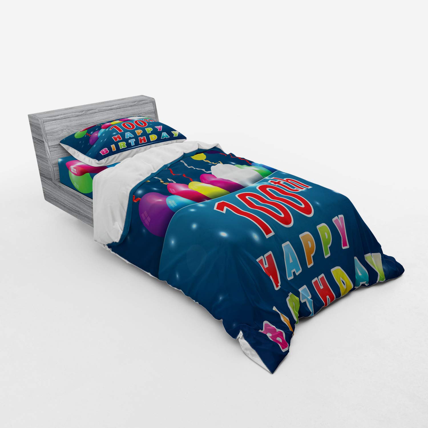 Ambesonne 100th Birthday Duvet Cover Set - Colorful Balloons & Star Dots 3-Piece Bedding (Twin XL) | Blue & Dark Blue for 100 Years Celebration | Perfect for Birthday Parties, Guest Rooms & Special Occasions