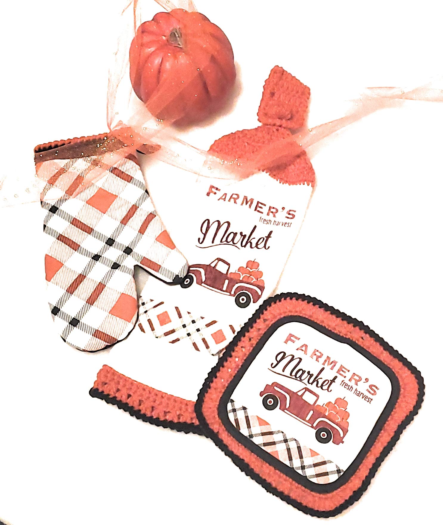 Farmer's Market 3-Piece Kitchen Set - Crochet Top Hanging Towel, Pot Holder & Oven Mitt with Decorative Trim for Farmhouse Style Cooking & Baking