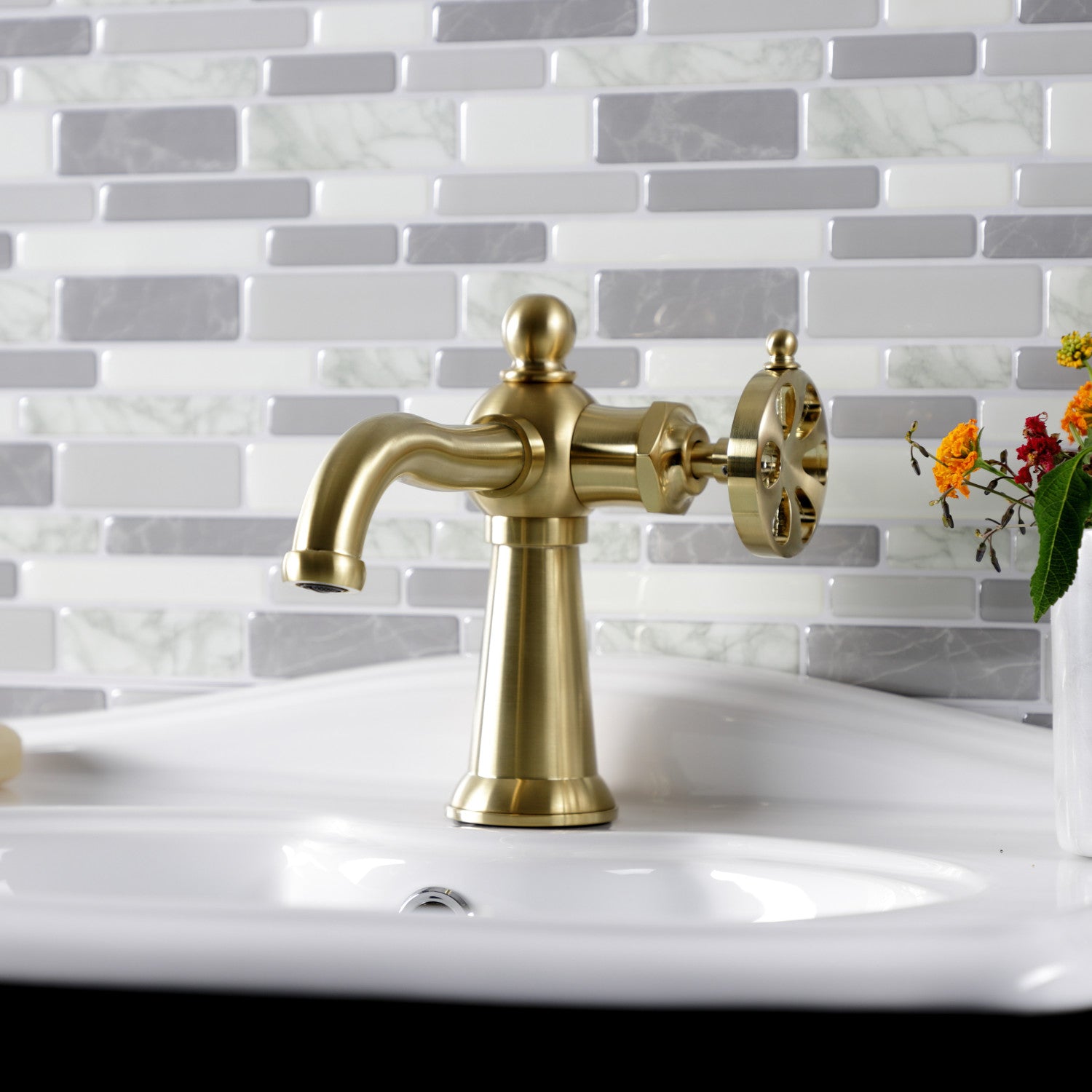 Belknap KS3547RX Single Handle 1-Hole Bathroom Sink Faucet with Push Pop-Up Drain in Brushed Brass Finish - Perfect for Modern Vanities and Small Bathroom Spaces