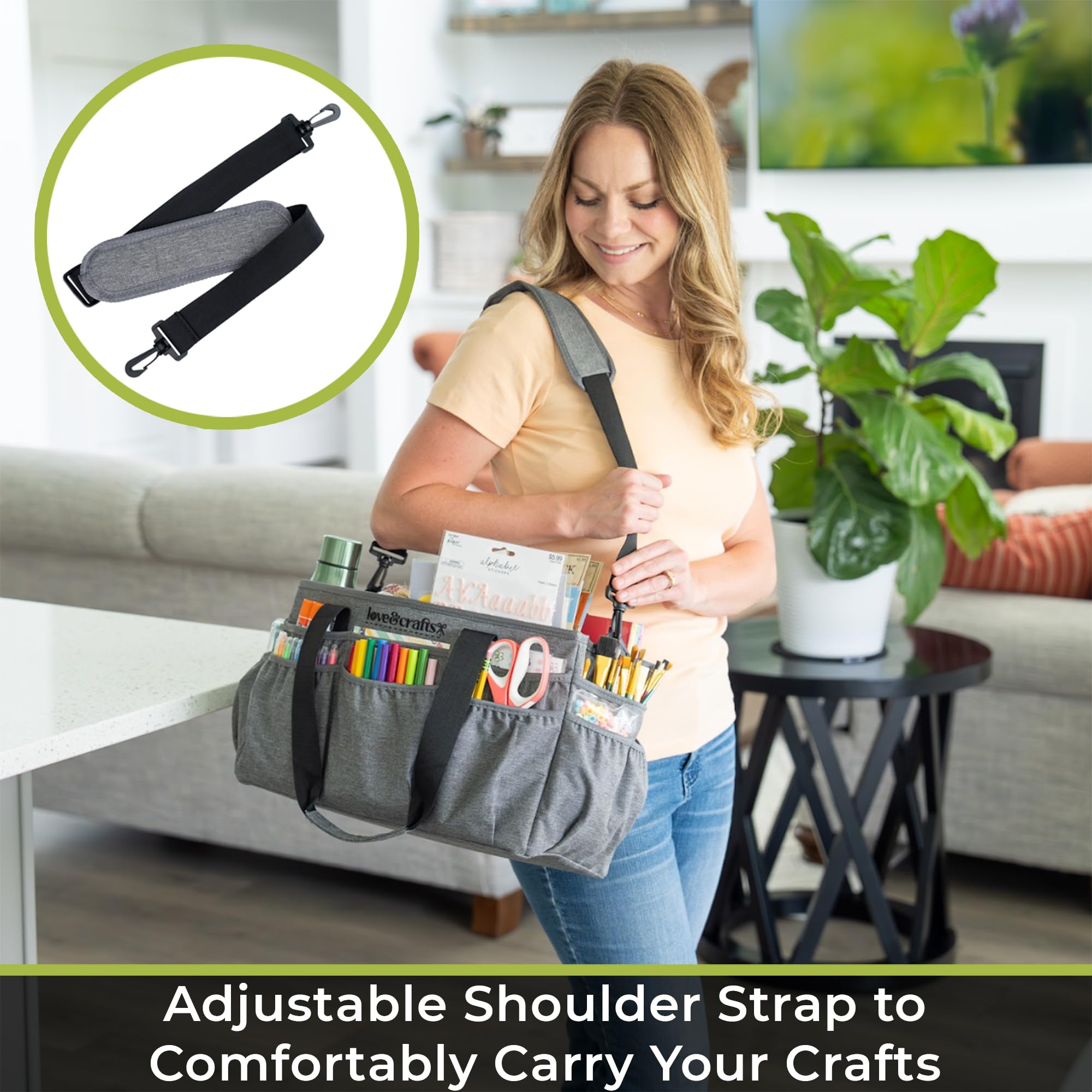 Large Craft Organizer Tote Bag - 16 x 7.9 x 9.5 Art Supply Organizer with Elastic Side Pockets for Markers - Durable Storage Tote with Handle & Removable Divider (Grey) - Perfect for Artists, Teachers & DIY Craft Projects at Home, School or Studio