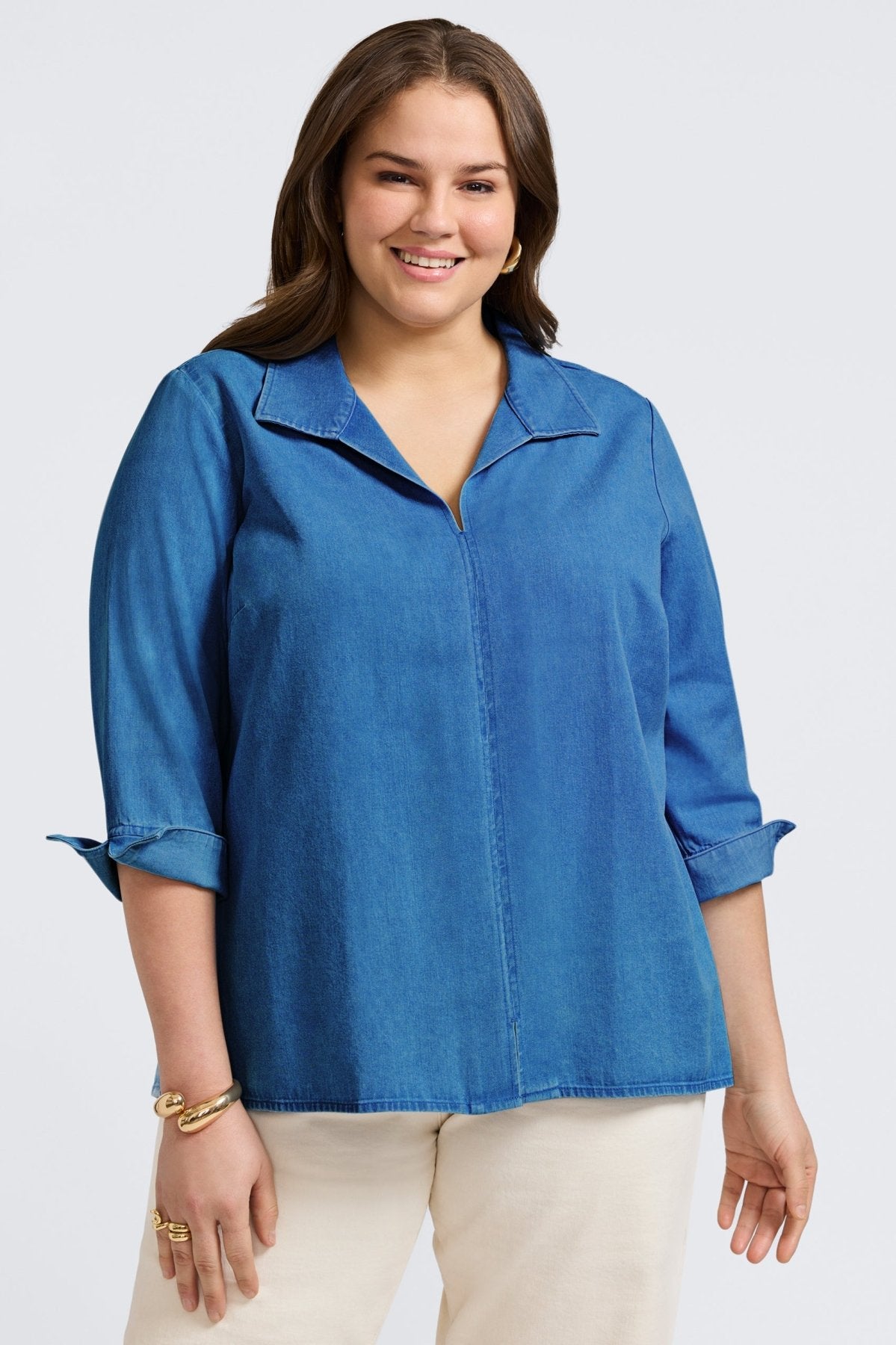 Agnes Plus Women's Tencel® Denim 3/4 Sleeve Popover Shirt - Soft Stretch Eco-Friendly Blouse for Casual Wear & Office Outfits