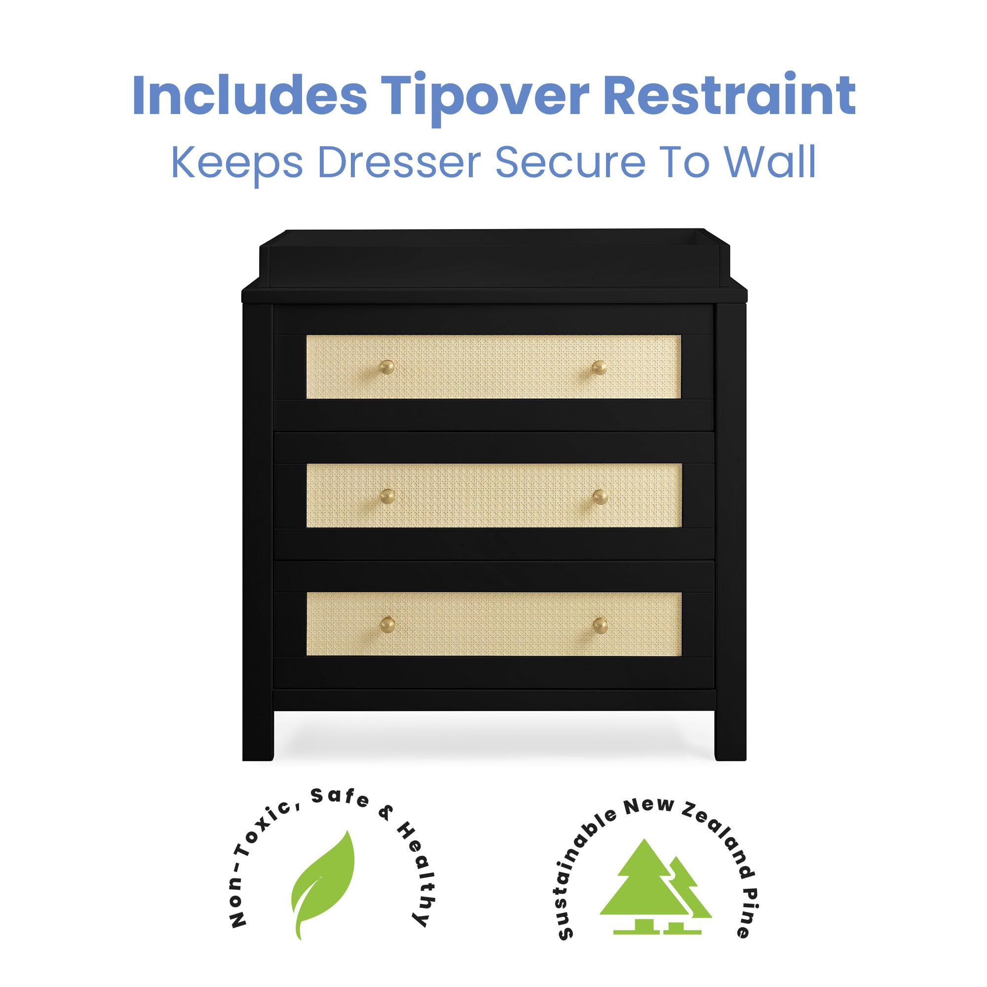 Simmons Kids Theo 3-Drawer Baby Dresser with Changing Table Top | Secure Interlocking Drawers | Black & Textured Almond Finish | Perfect for Nursery Organization & Diaper Changing Station
