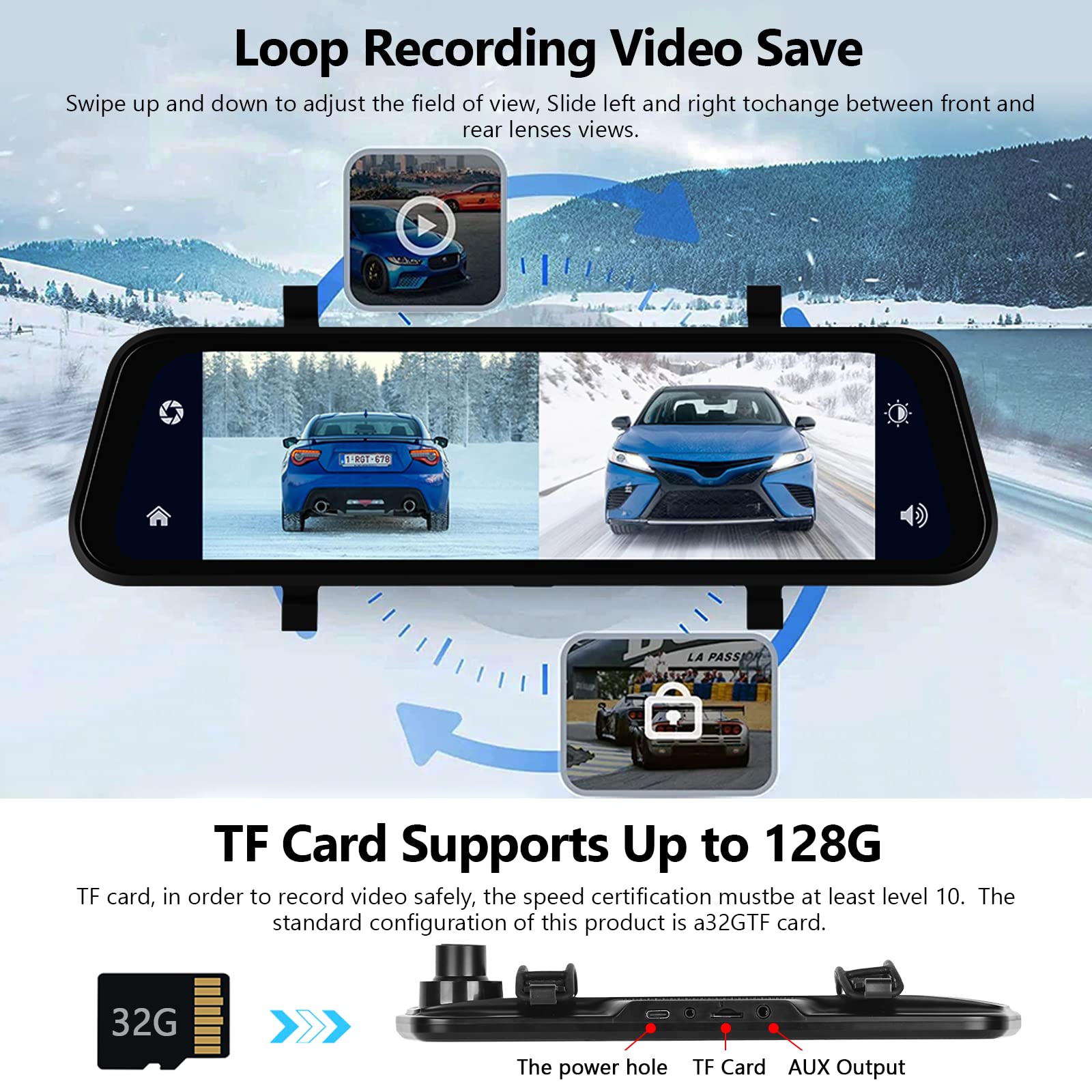9.66 Inch Wireless Bluetooth Carplay Dash Cam with Rearview Mirror & Reversing Camera - 1080P HD Touch Screen, Night Vision, G-Sensor, 32GB SD Card (140° Front/170° Rear View) - Perfect for Safe Driving, Parking Assistance & Road Trip Recording