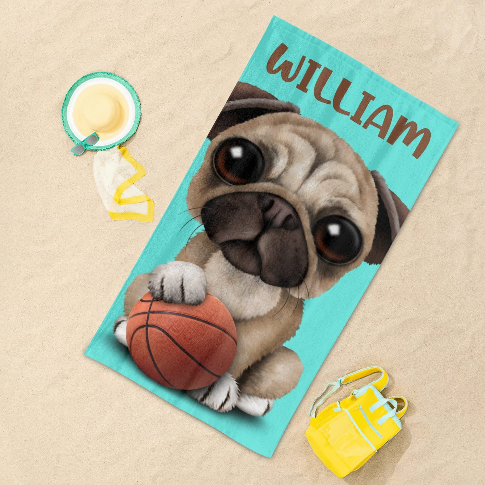 Custom Personalized Beach Towel - Soft Quick-Dry Bath Towel for Swimming, Sunbathing & Travel - Cute Pug Puppy Dog Design for Kids, Men & Women - Perfect for Beach, Pool & Vacation Gifts
