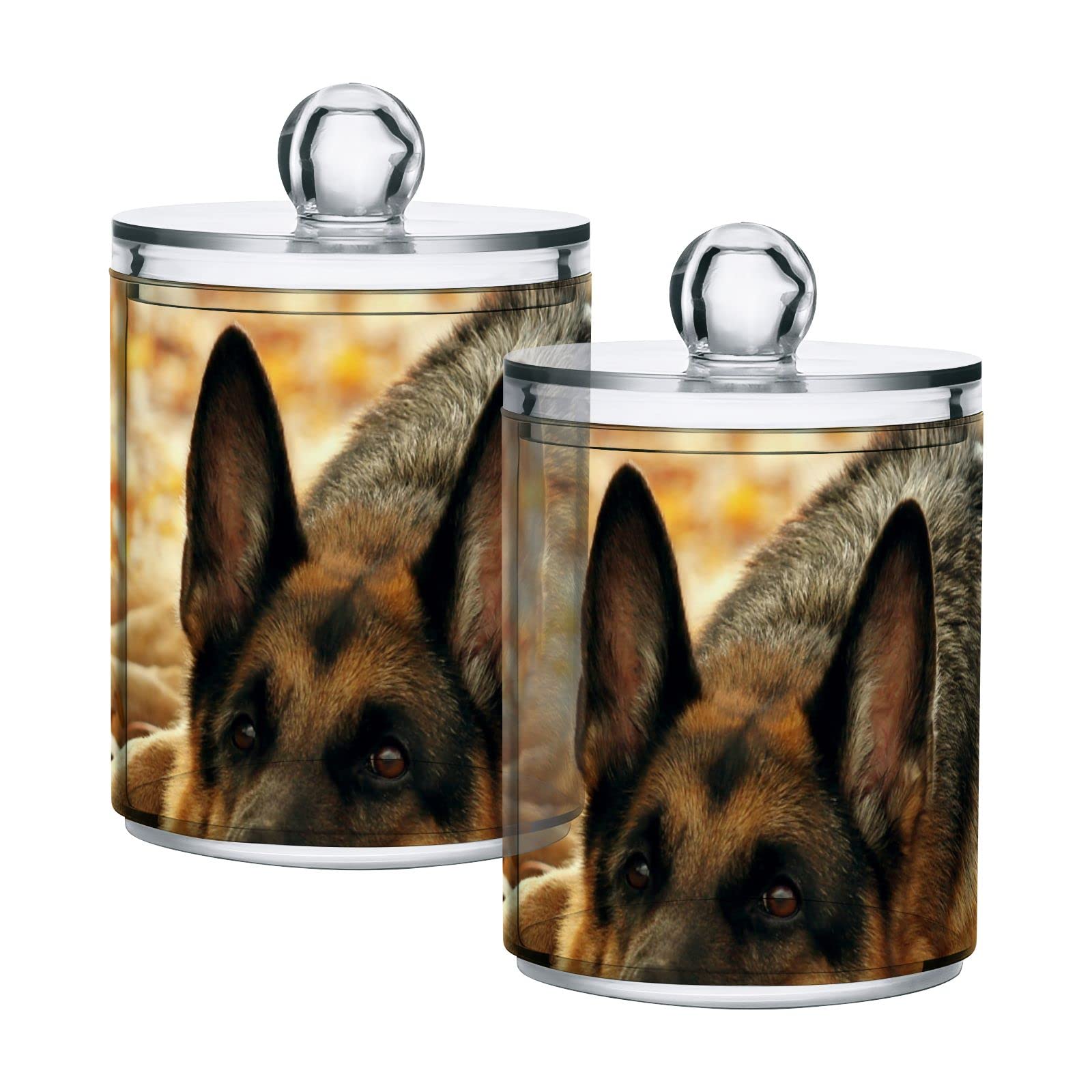 German Shepherd Dog Design Plastic Storage Jars with Lids - Set of 2 (10oz Translucent Food Containers) for Tea, Cookies & Cotton Swabs | Autumn Leaves Theme | Perfect for Kitchen Pantry Organization & Home Decor