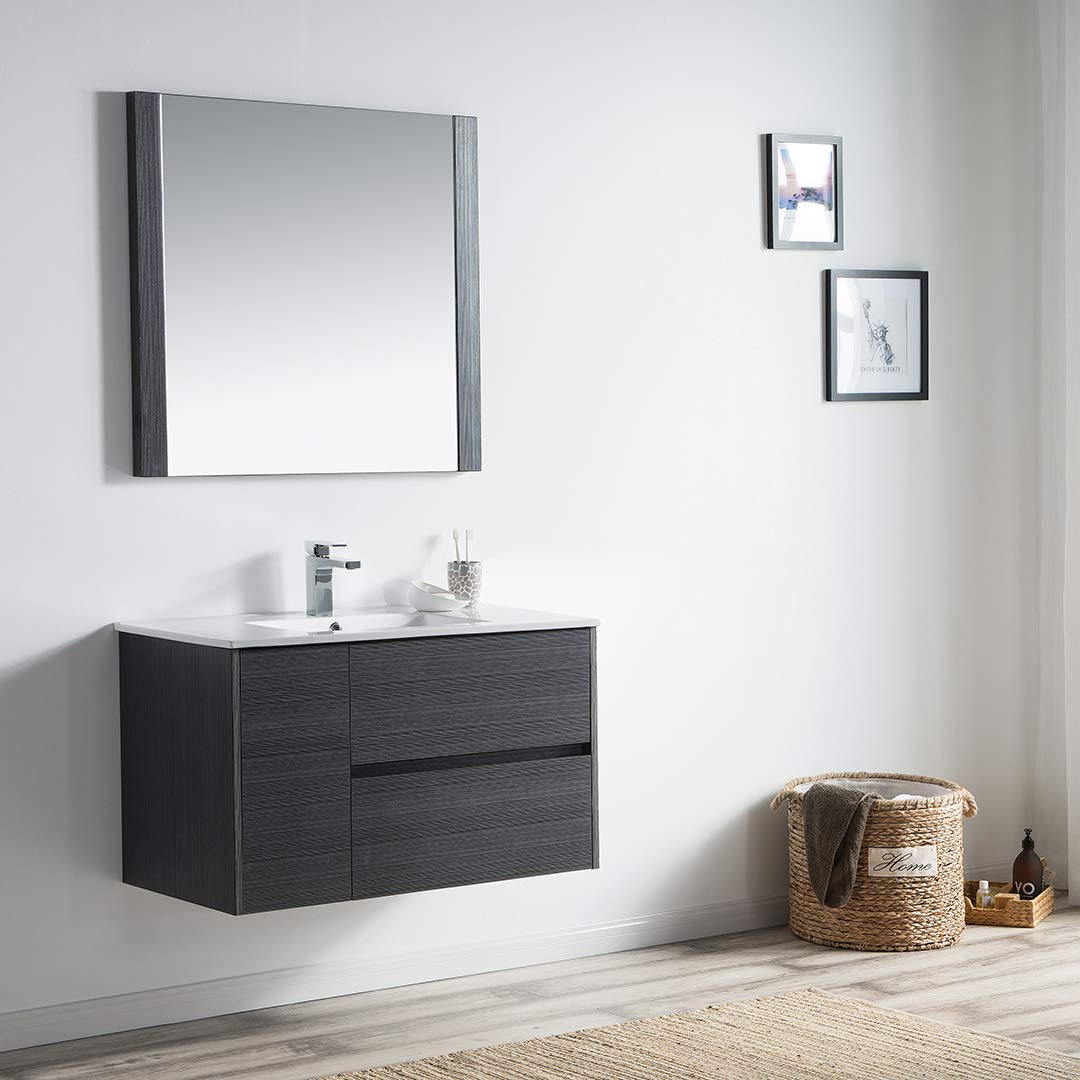 36 Inch Floating Bathroom Vanity with Sink - Wall Mounted All Wood Vanity Cabinet in Silver Grey (016 36 16 C) - Perfect for Small Bathrooms, Powder Rooms & Modern Home Decor