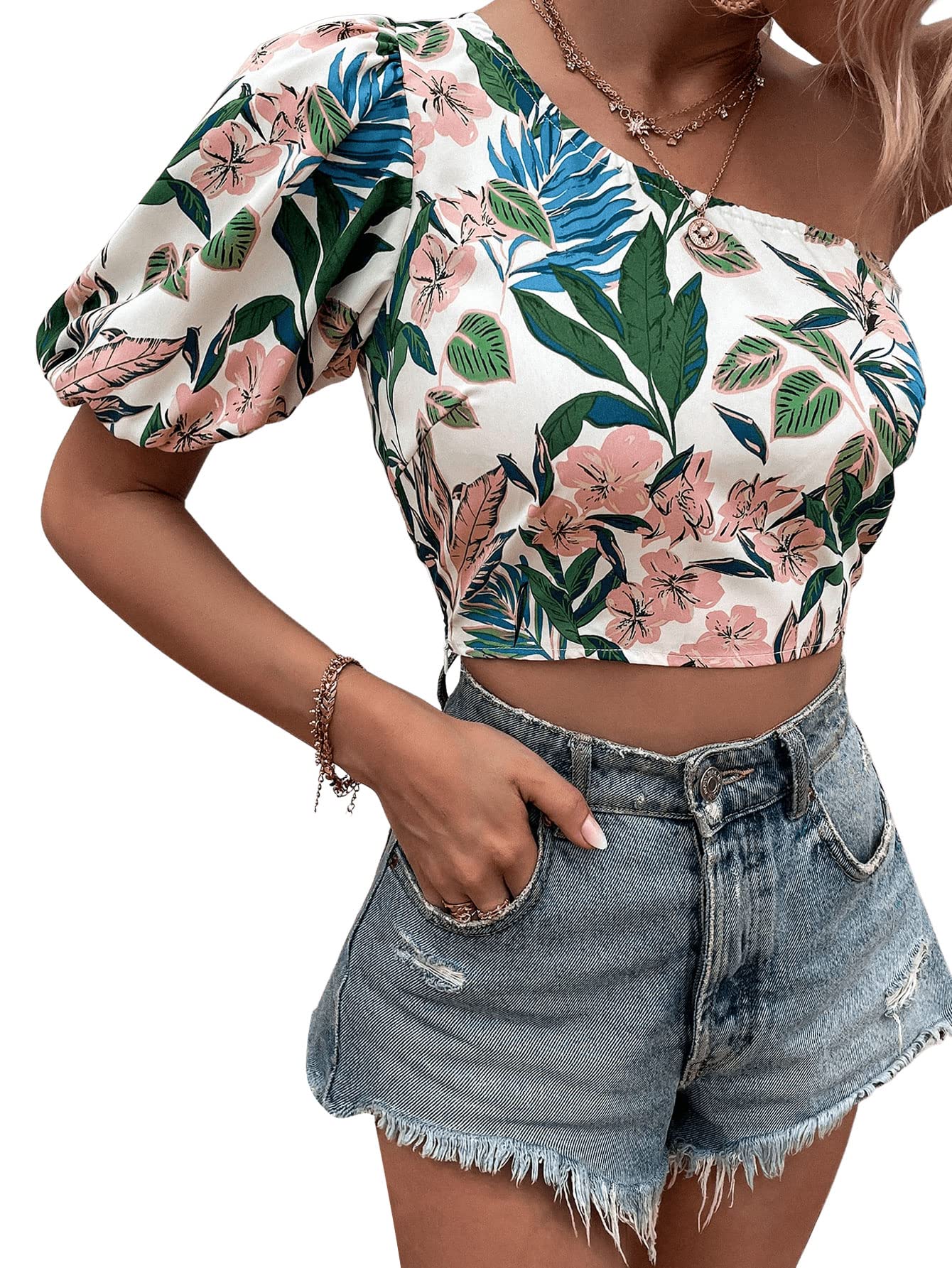 SOLY HUX Women's One Shoulder Puff Short Sleeve Printed Crop Top Blouse - Sexy Summer Party Tops for Night Out, Beach Vacation & Date Night Outfits